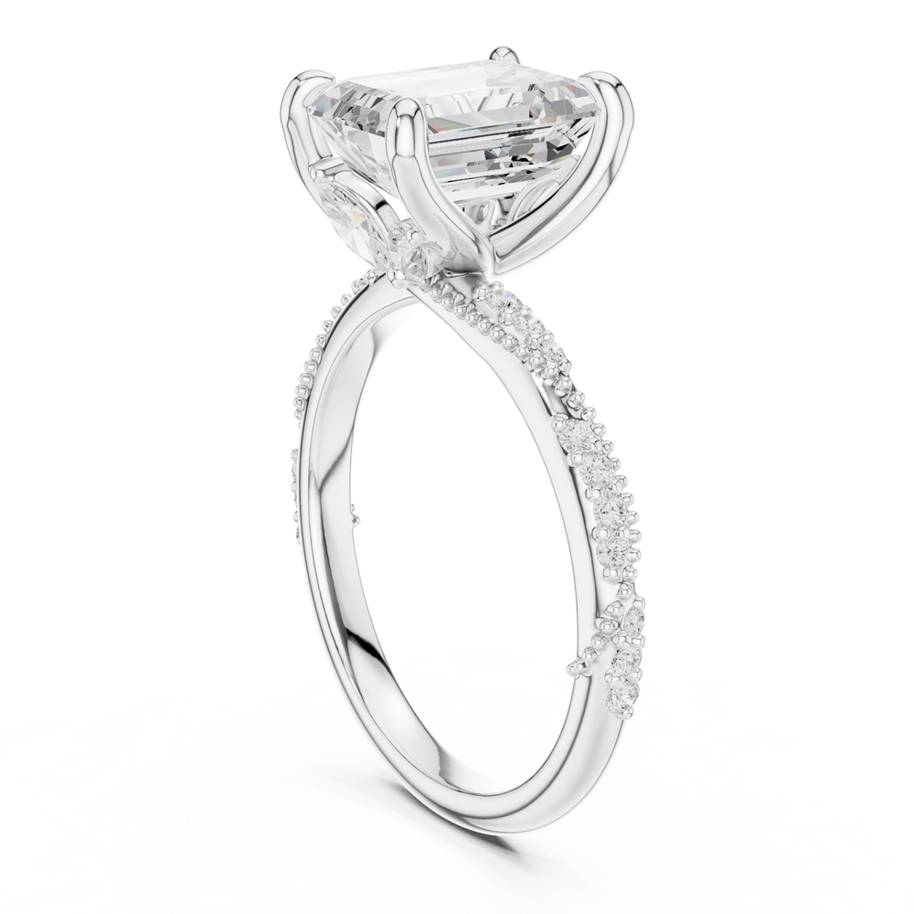 2.95 CT Emerald Cut Three Stone Diamond Engagement Ring with Hidden Accent Diamonds