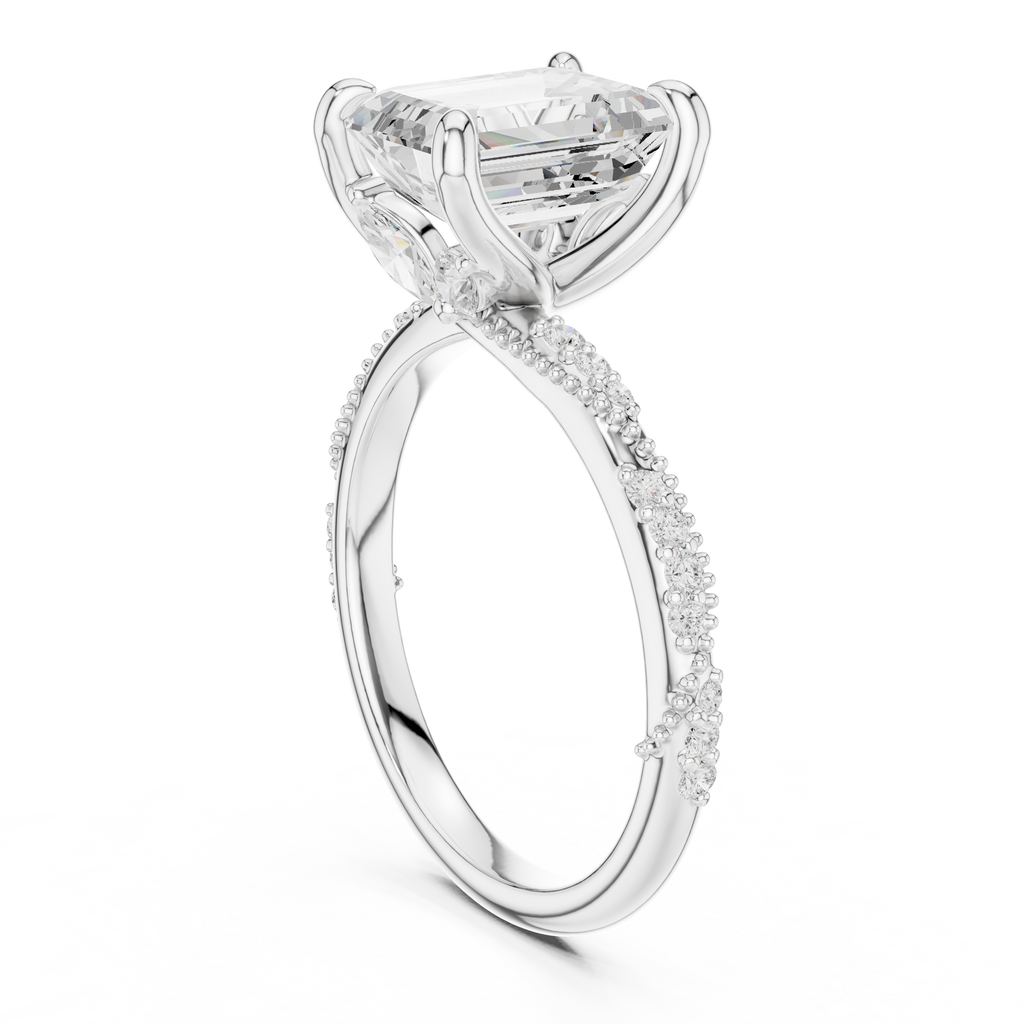 2.95 CT Emerald Cut Three Stone Diamond Engagement Ring with Hidden Accent Diamonds