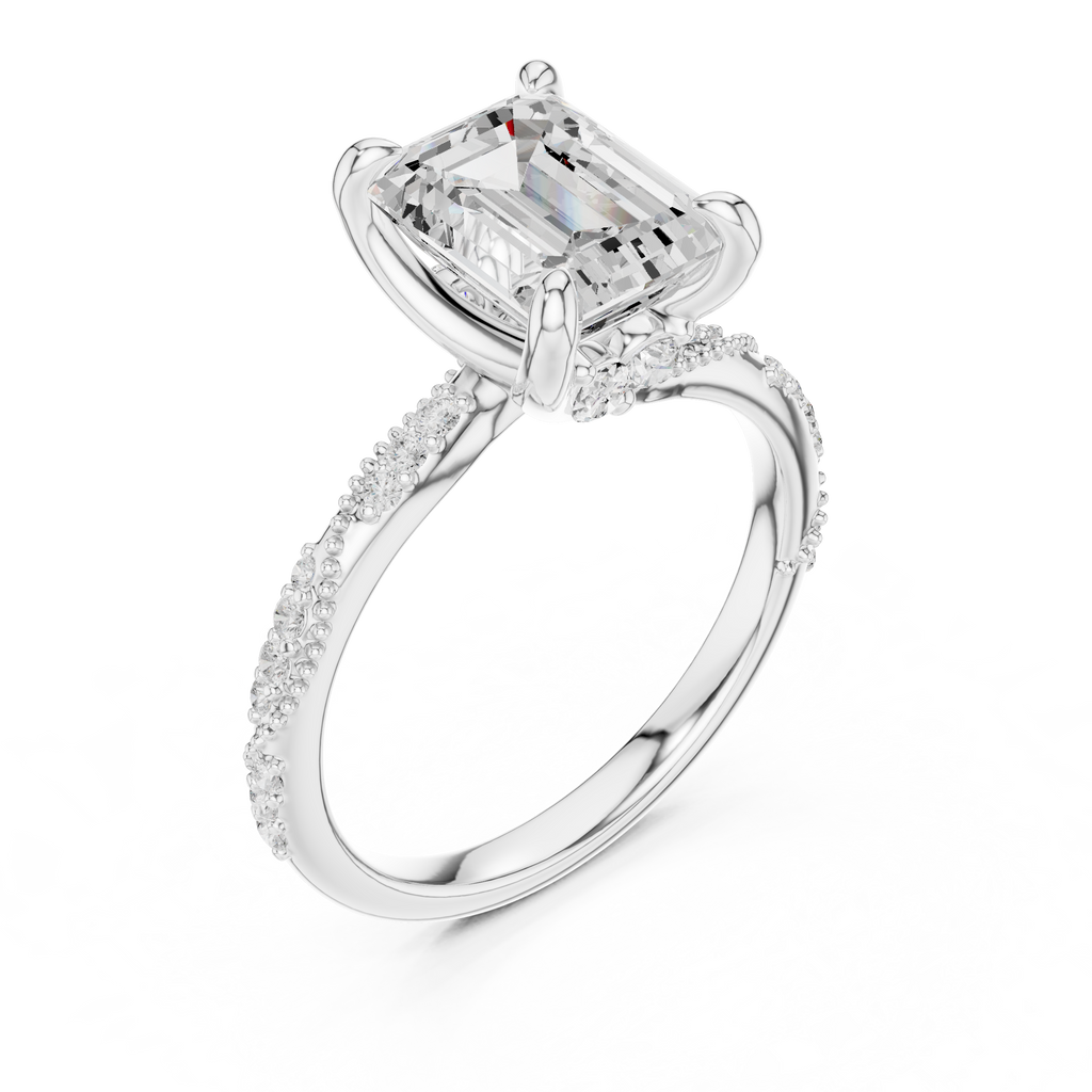2.95 CT Emerald Cut Three Stone Diamond Engagement Ring with Hidden Accent Diamonds
