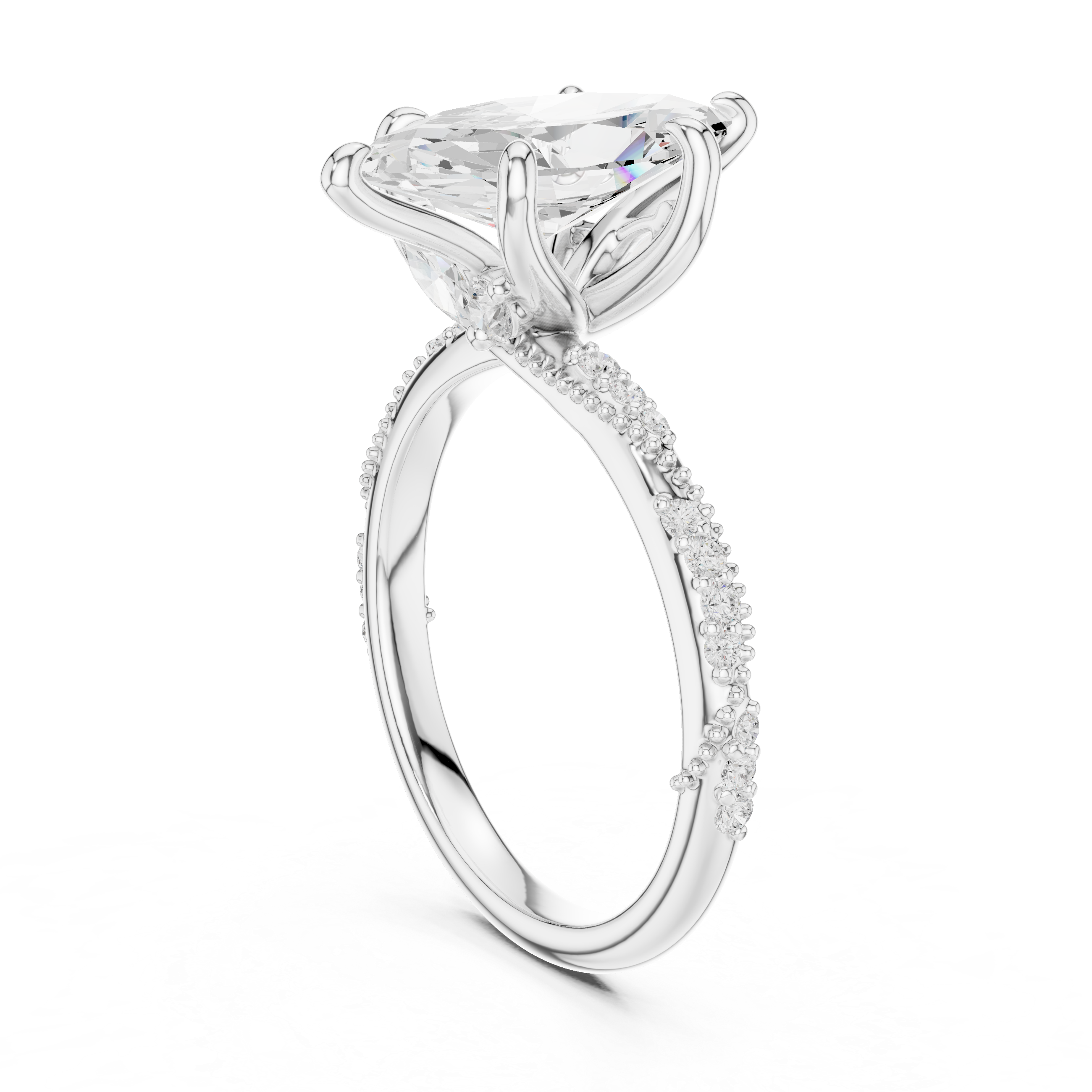 2.53 CT Marquise Cut Three Stone Diamond Engagement Ring with Pavé Band