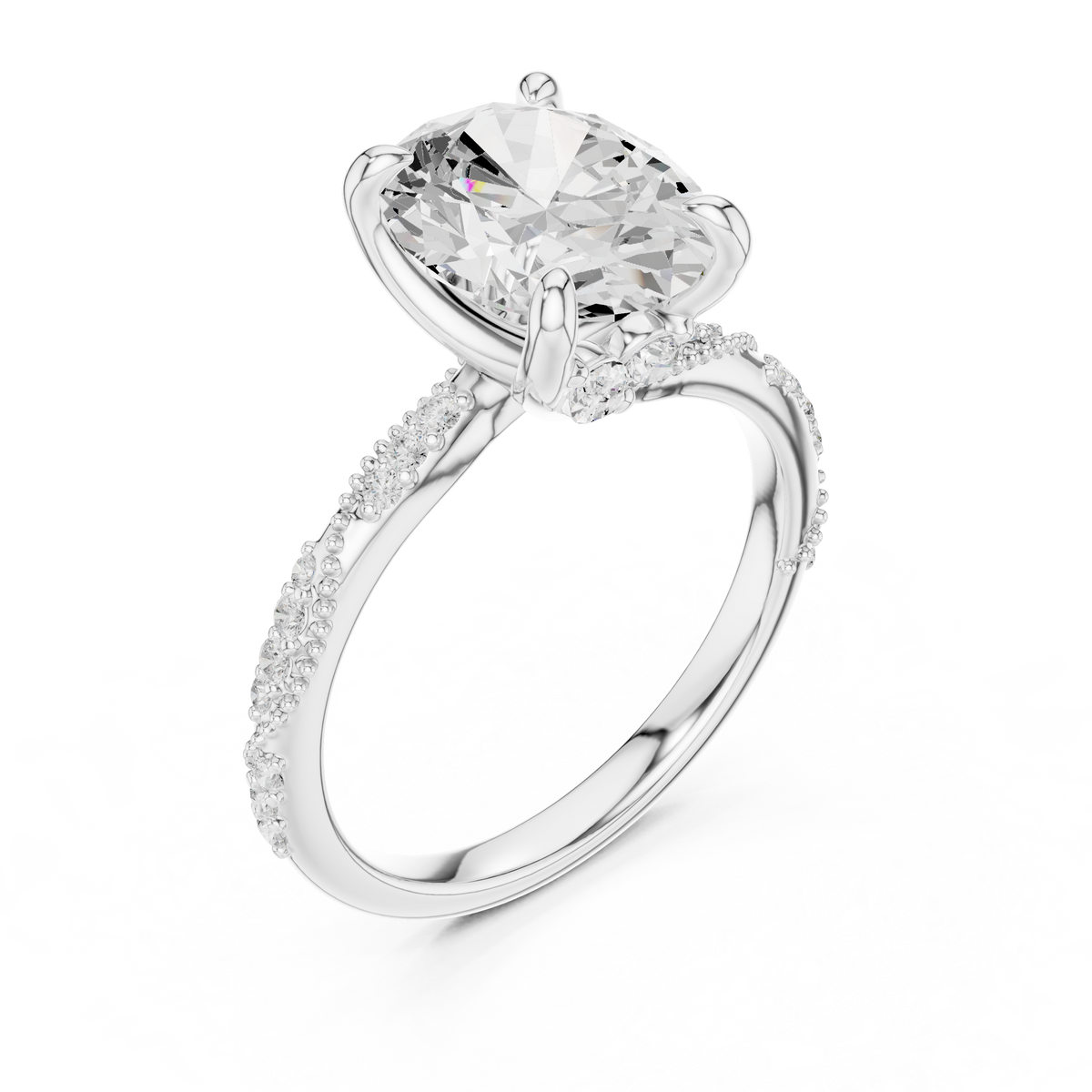Oval Cut Three Stone Diamond Engagement Ring with Pavé Band – view 3 of 12, lab grown diamond band | Jewelix Atelier