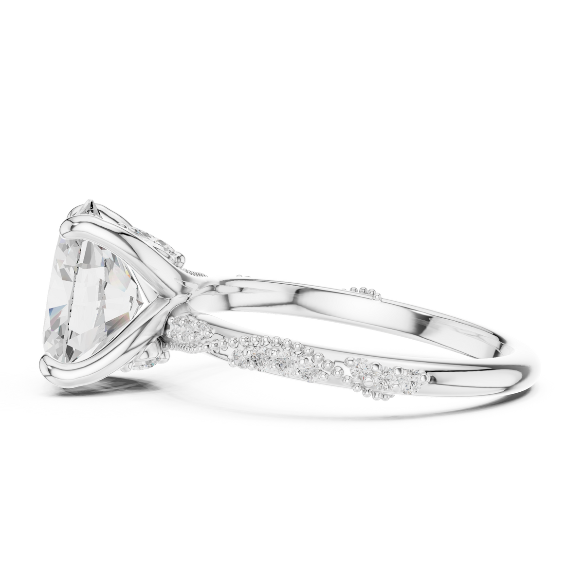Oval Cut Three Stone Diamond Engagement Ring with Pavé Band – view 4 of 12, lab grown diamond band | Jewelix Atelier