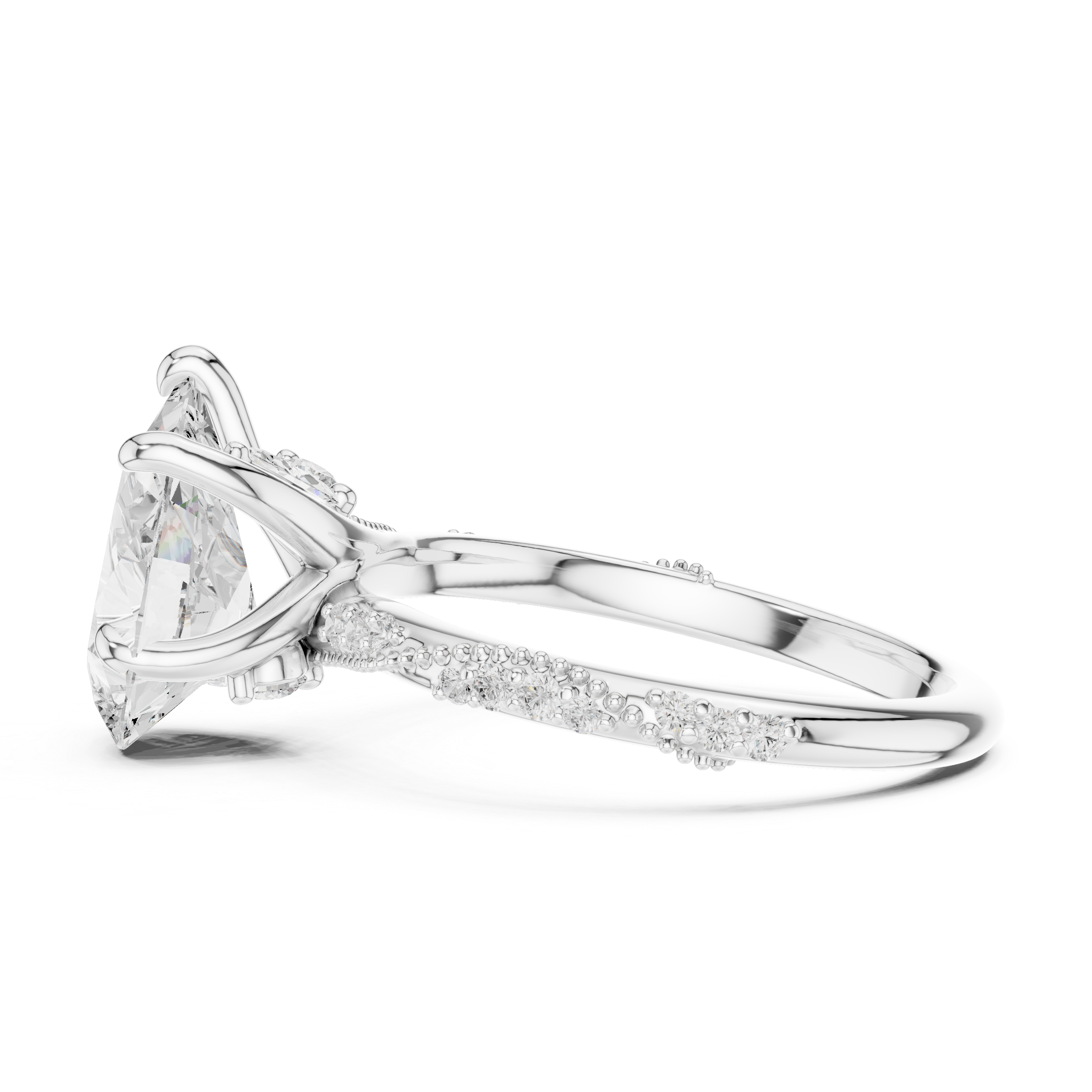 2.71 CT Pear Cut Diamond Engagement Ring with Marquise Side Stones & Pavé Band