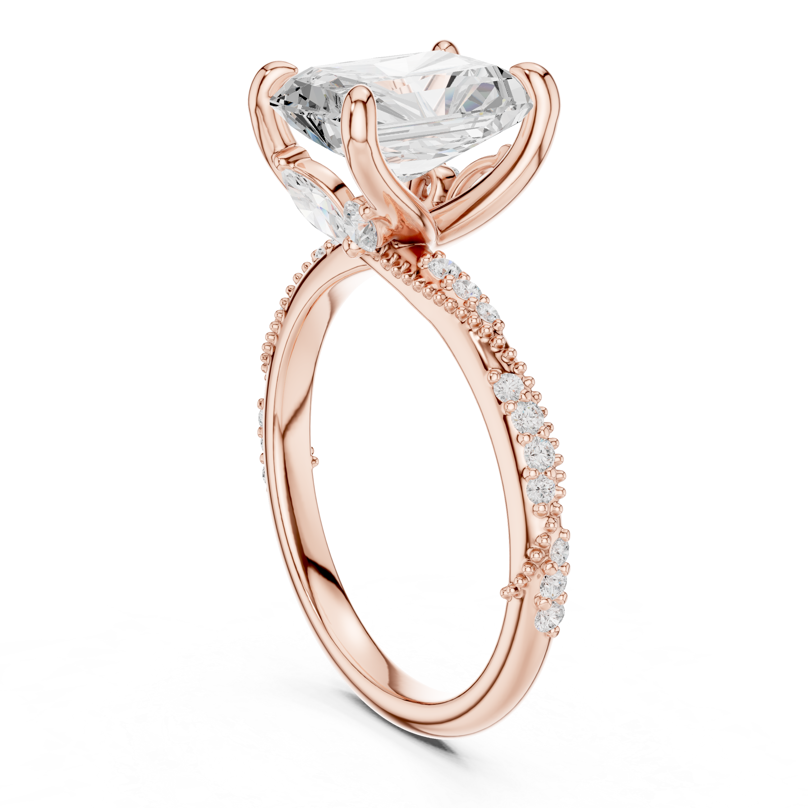 3.36 CT Radiant Cut Three Stone Diamond Engagement Ring with Pavé Band