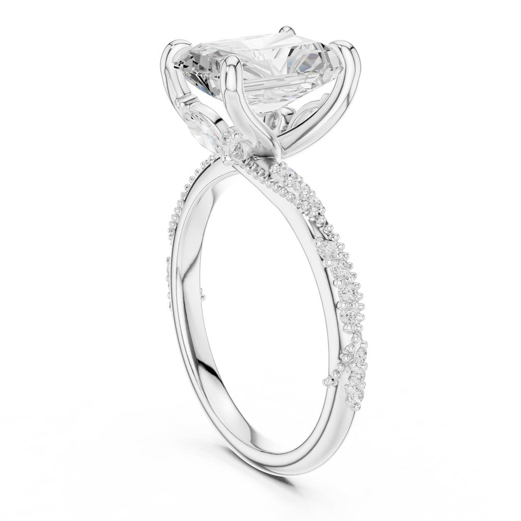 3.36 CT Radiant Cut Three Stone Diamond Engagement Ring with Pavé Band