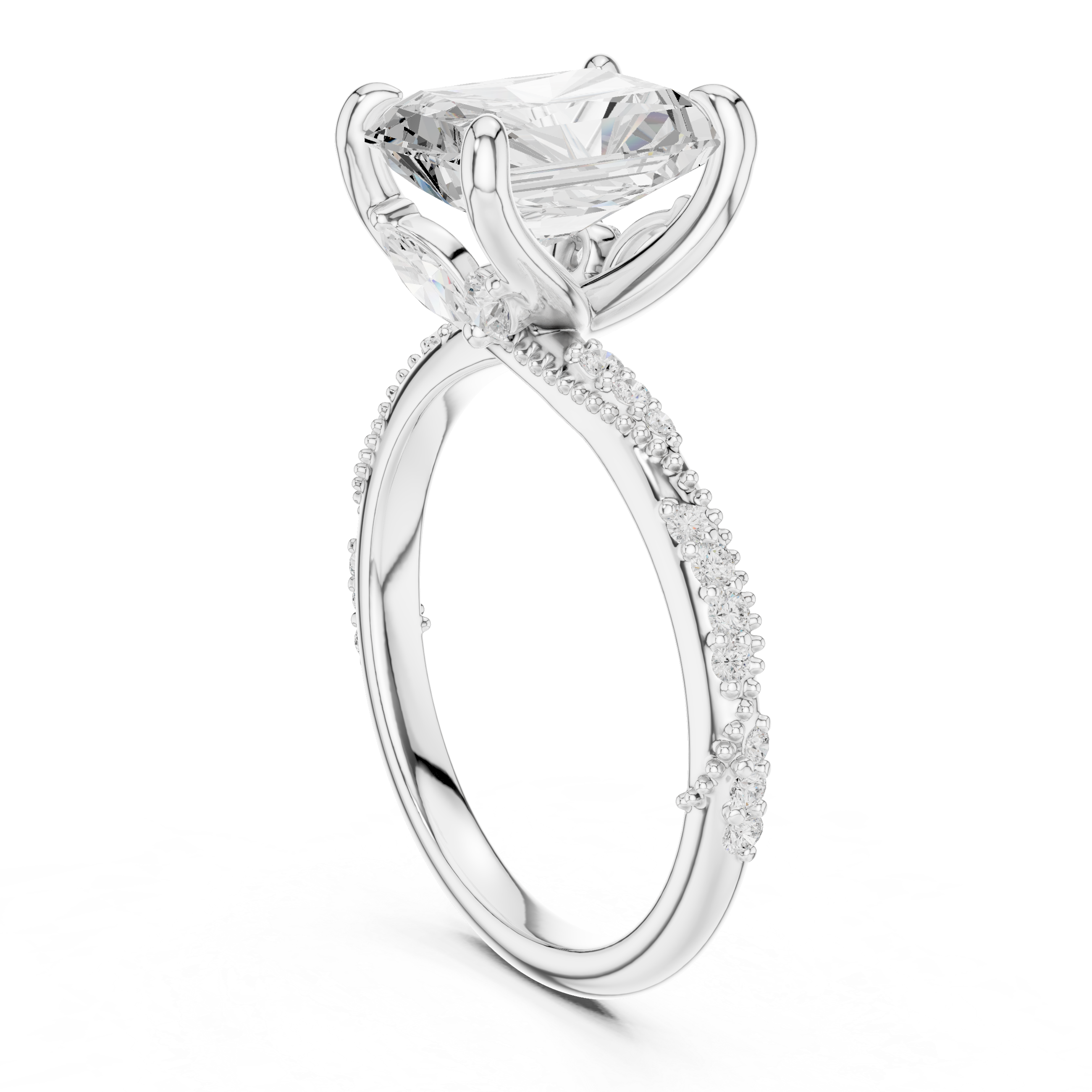 3.36 CT Radiant Cut Three Stone Diamond Engagement Ring with Pavé Band
