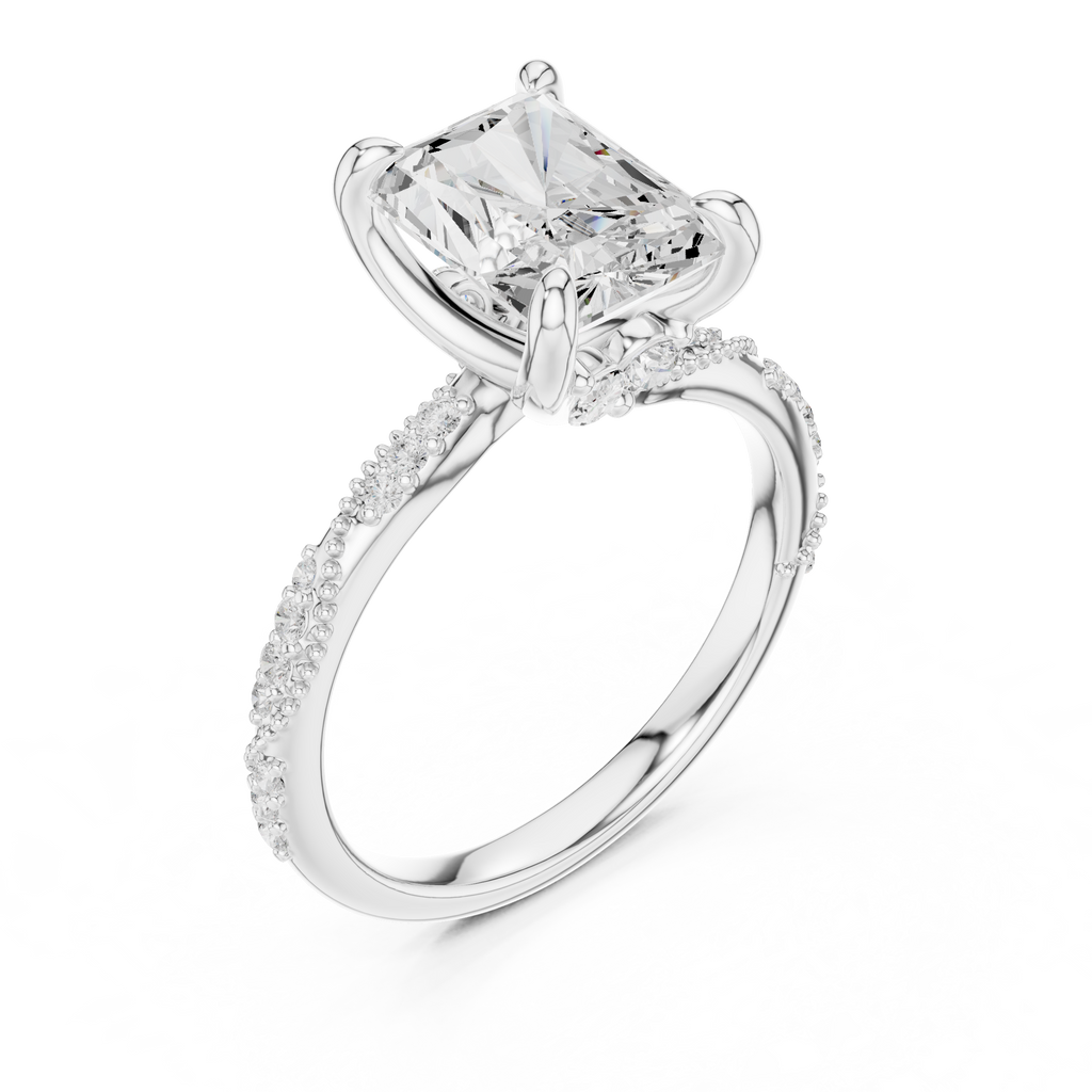 3.36 CT Radiant Cut Three Stone Diamond Engagement Ring with Pavé Band