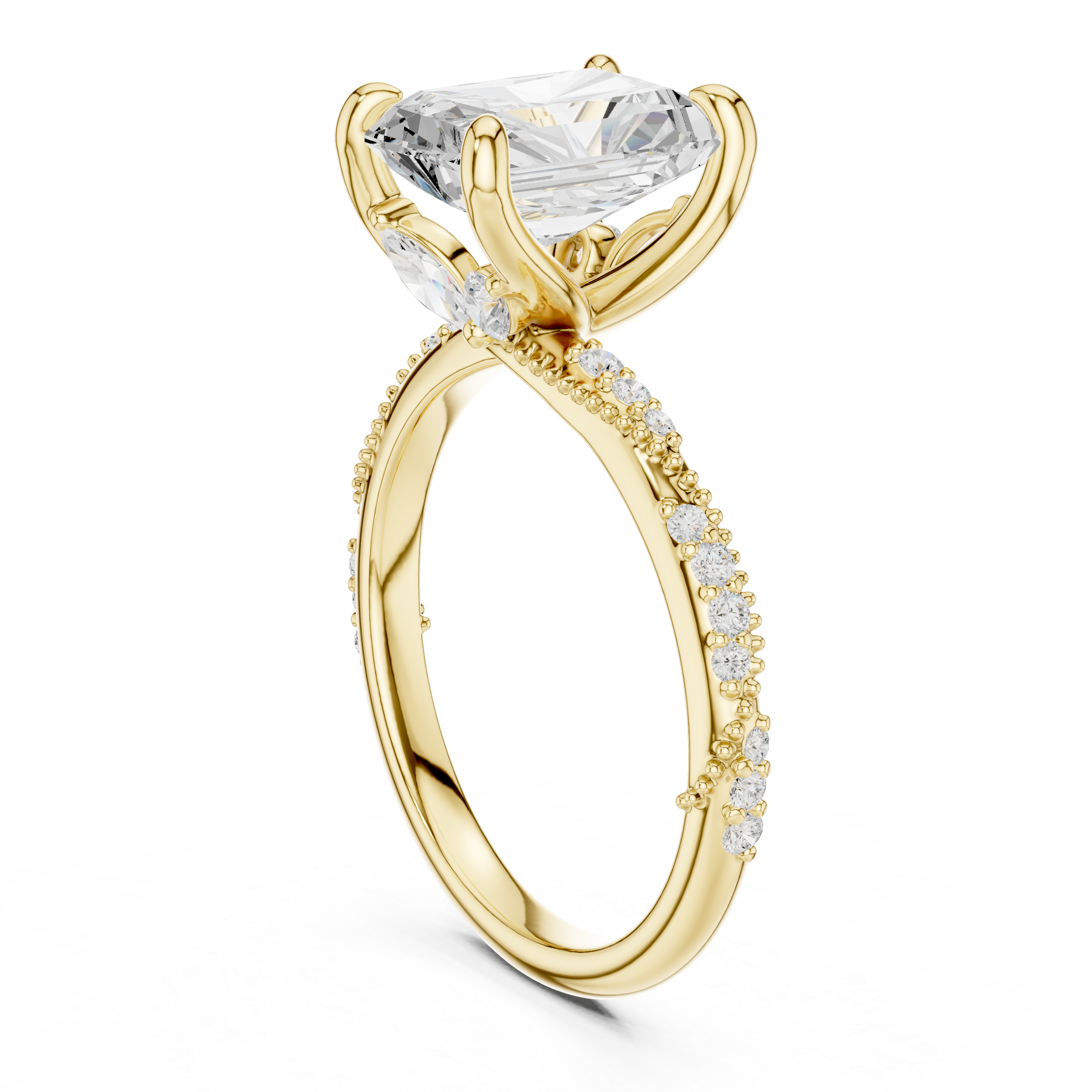 3.36 CT Radiant Cut Three Stone Diamond Engagement Ring with Pavé Band