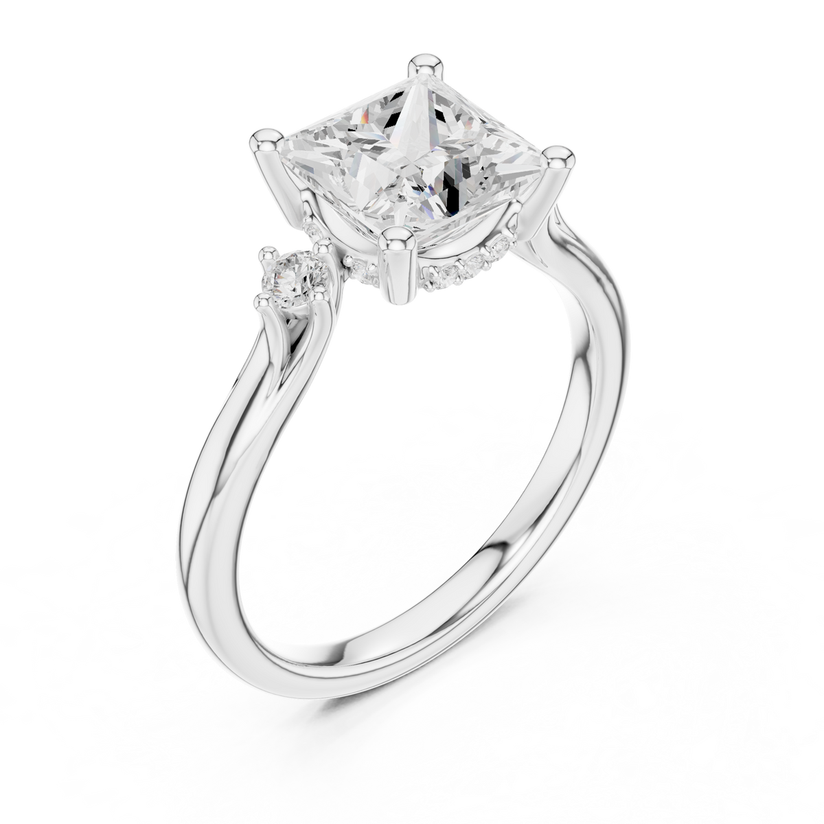 Princess Cut Diamond Engagement Ring with Round Side Stones – view 3 of 12, lab grown diamond ring | Jewelix Atelier