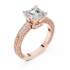 Vintage Halo Emerald Cut Diamond Engagement Ring with Double Pavé Band