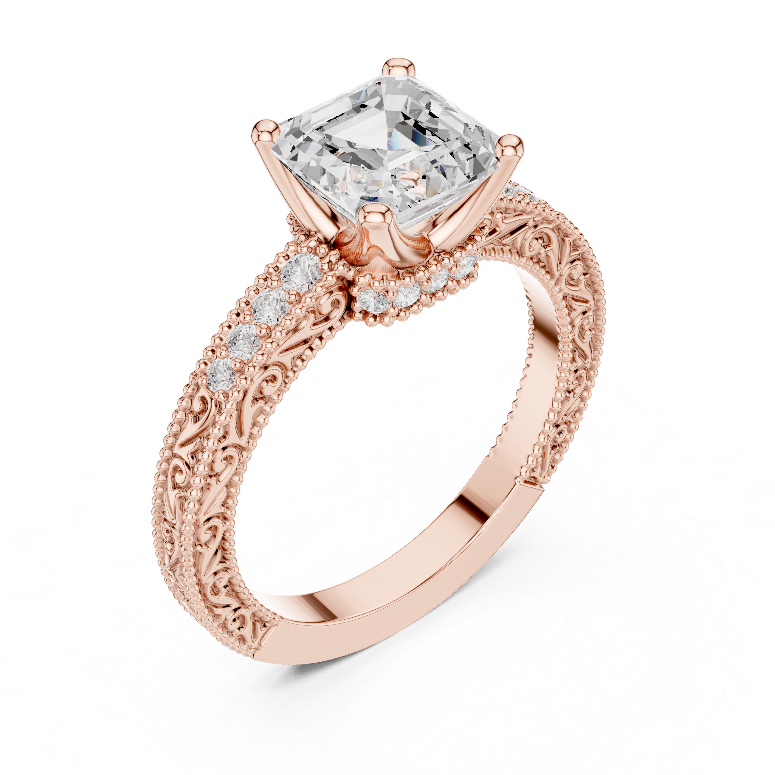 Vintage Halo Emerald Cut Diamond Engagement Ring with Double Pavé Band