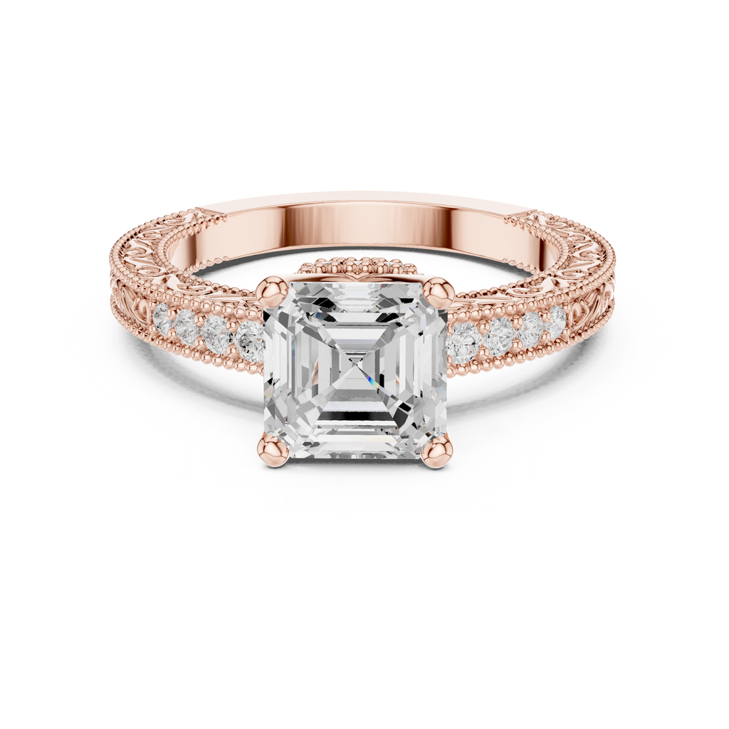 Vintage Halo Emerald Cut Diamond Engagement Ring with Double Pavé Band
