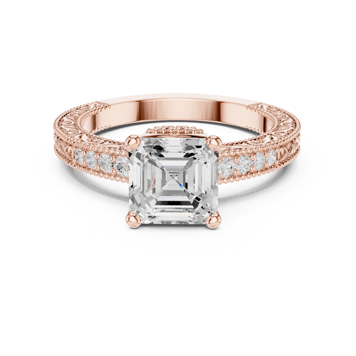 Vintage Halo Emerald Cut Diamond Engagement Ring with Double Pavé – view 5 of 12, lab grown diamond band | Jewelix Atelier