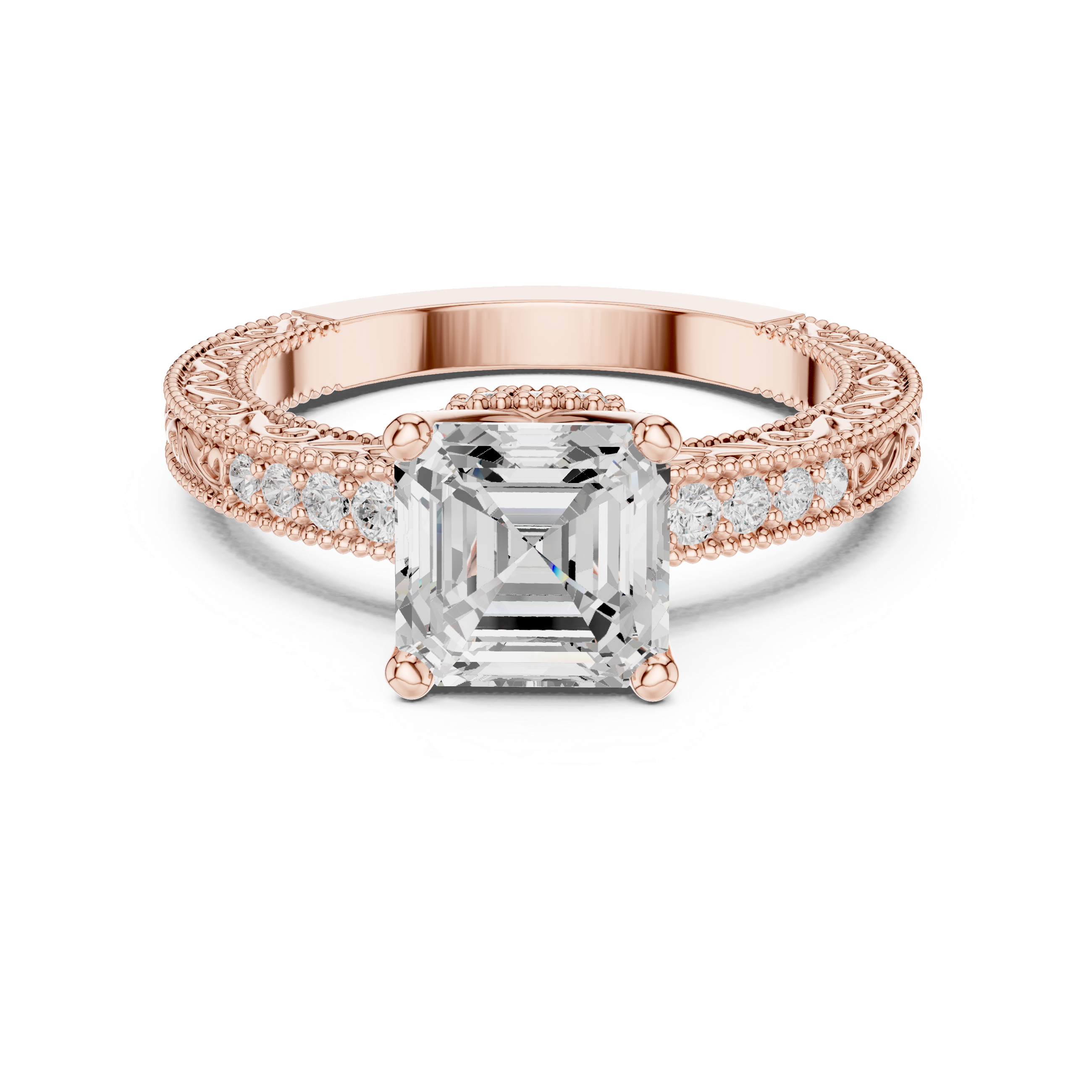 Vintage Halo Emerald Cut Diamond Engagement Ring with Double Pavé Band