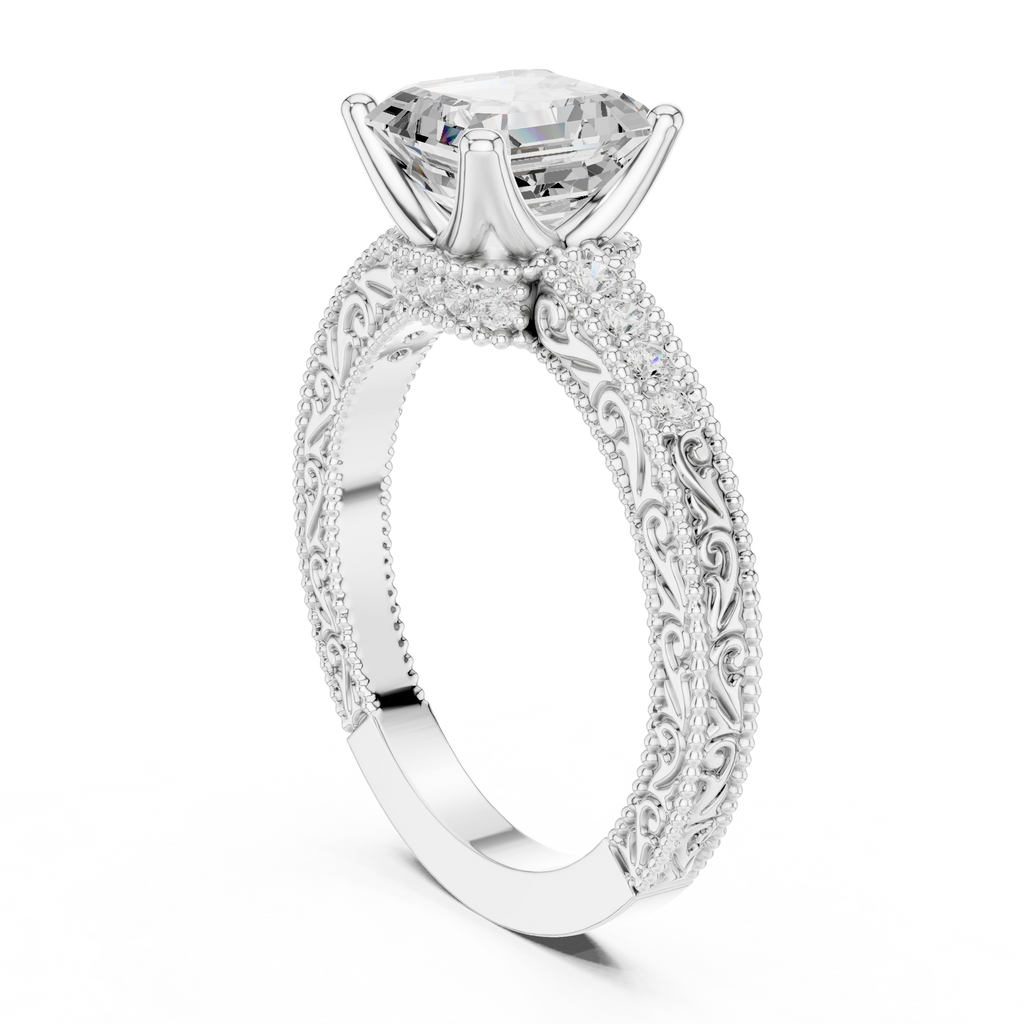 Vintage Halo Emerald Cut Diamond Engagement Ring with Double Pavé Band