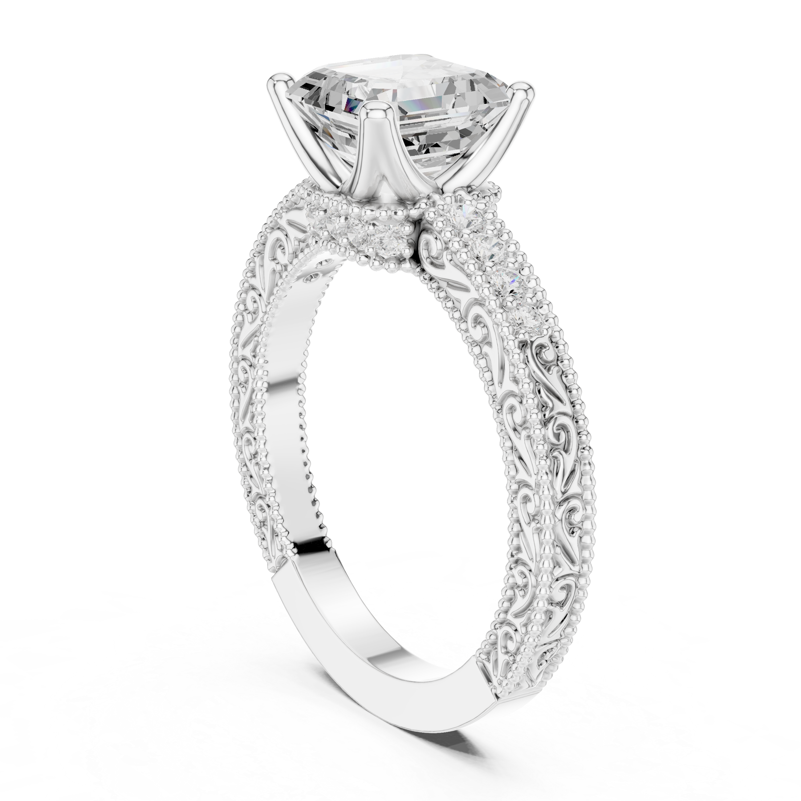 Vintage Halo Emerald Cut Diamond Engagement Ring with Double Pavé Band