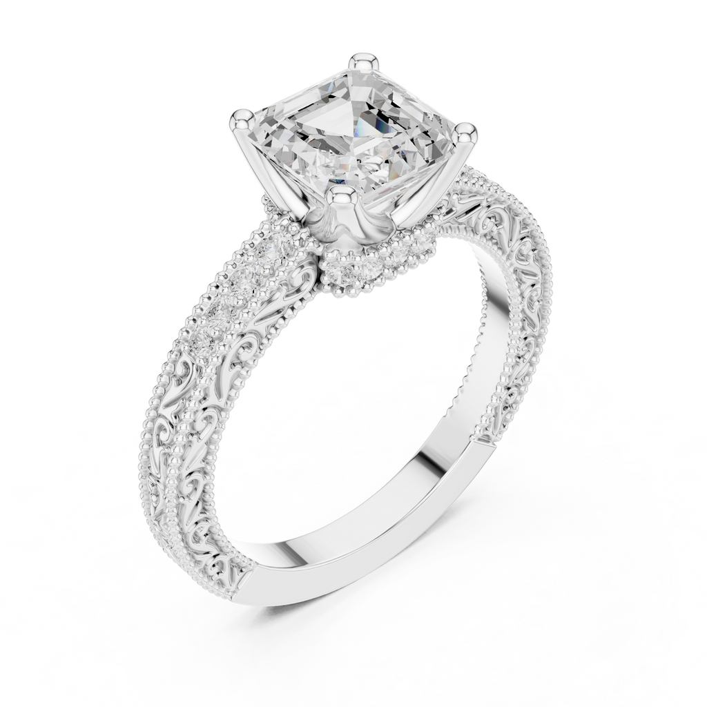Vintage Halo Emerald Cut Diamond Engagement Ring with Double Pavé Band