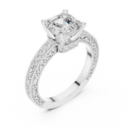 Vintage Halo Emerald Cut Diamond Engagement Ring with Double Pavé Band