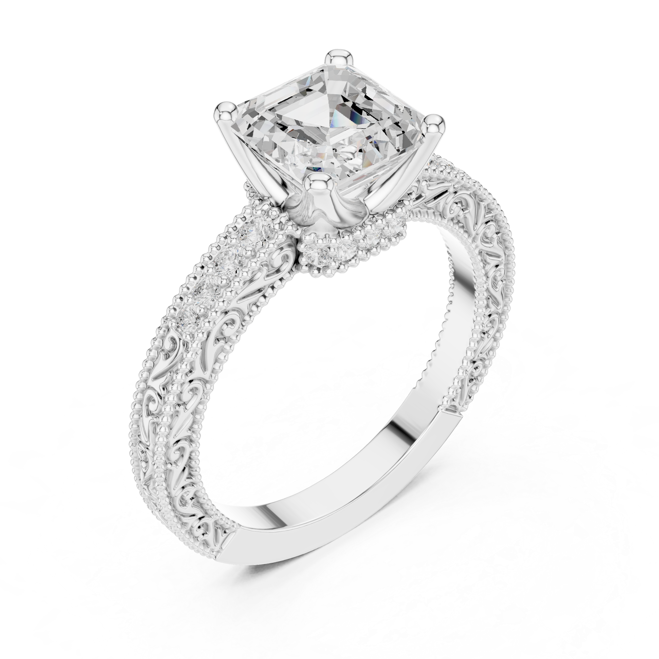Vintage Halo Emerald Cut Diamond Engagement Ring with Double Pavé Band