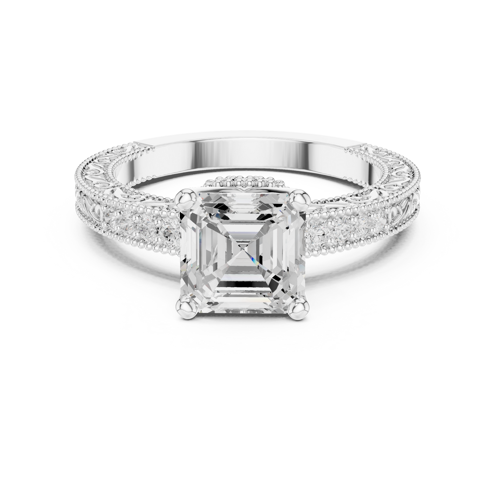 Vintage Halo Emerald Cut Diamond Engagement Ring with Double Pavé Band