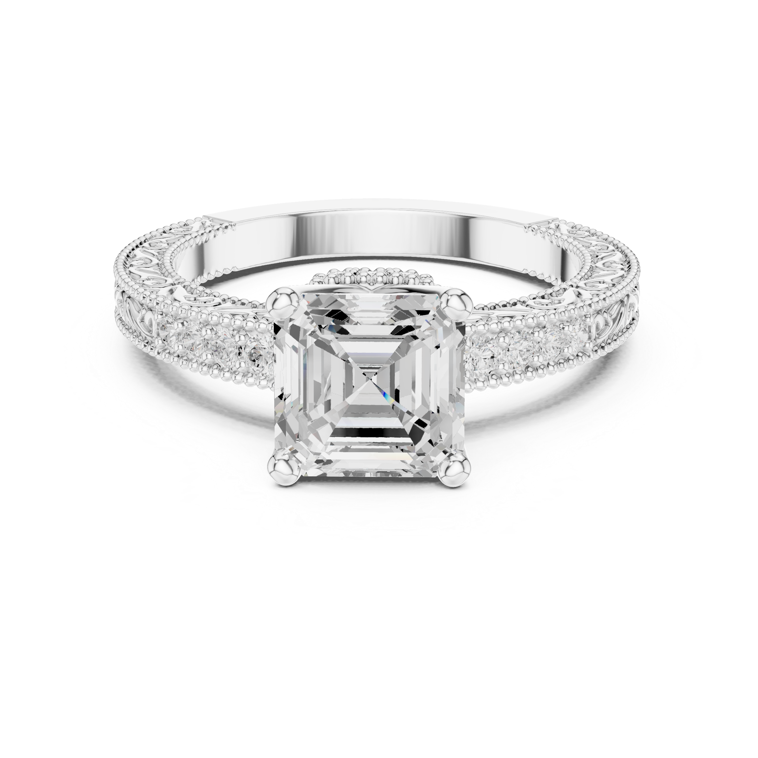 Vintage Halo Emerald Cut Diamond Engagement Ring with Double Pavé Band