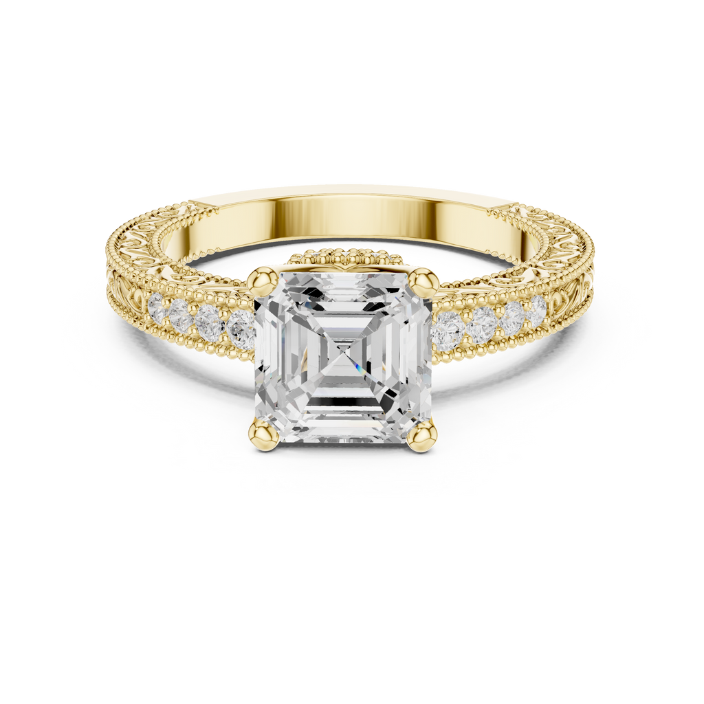 Vintage Halo Emerald Cut Diamond Engagement Ring with Double Pavé Band