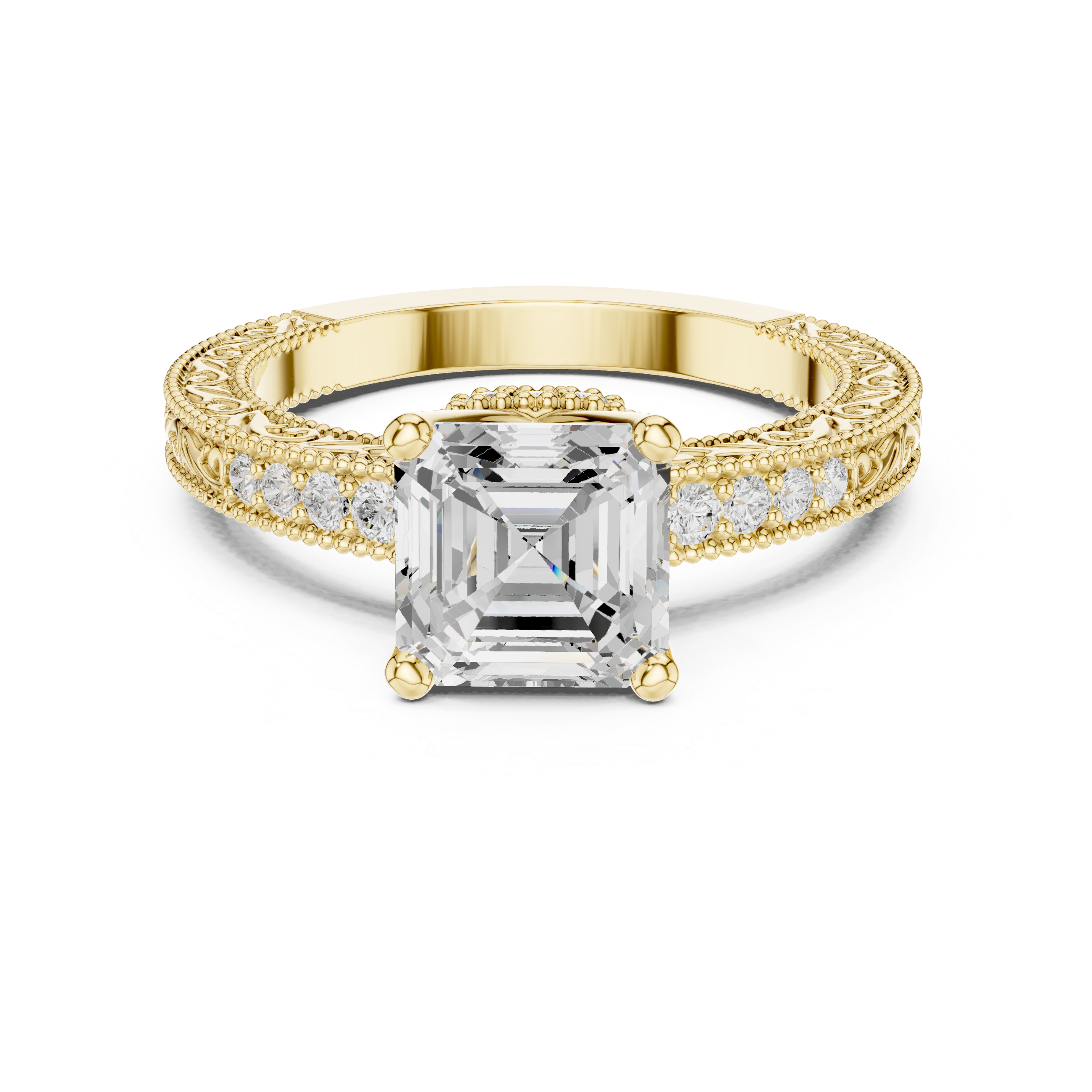 Vintage Halo Emerald Cut Diamond Engagement Ring with Double Pavé Band