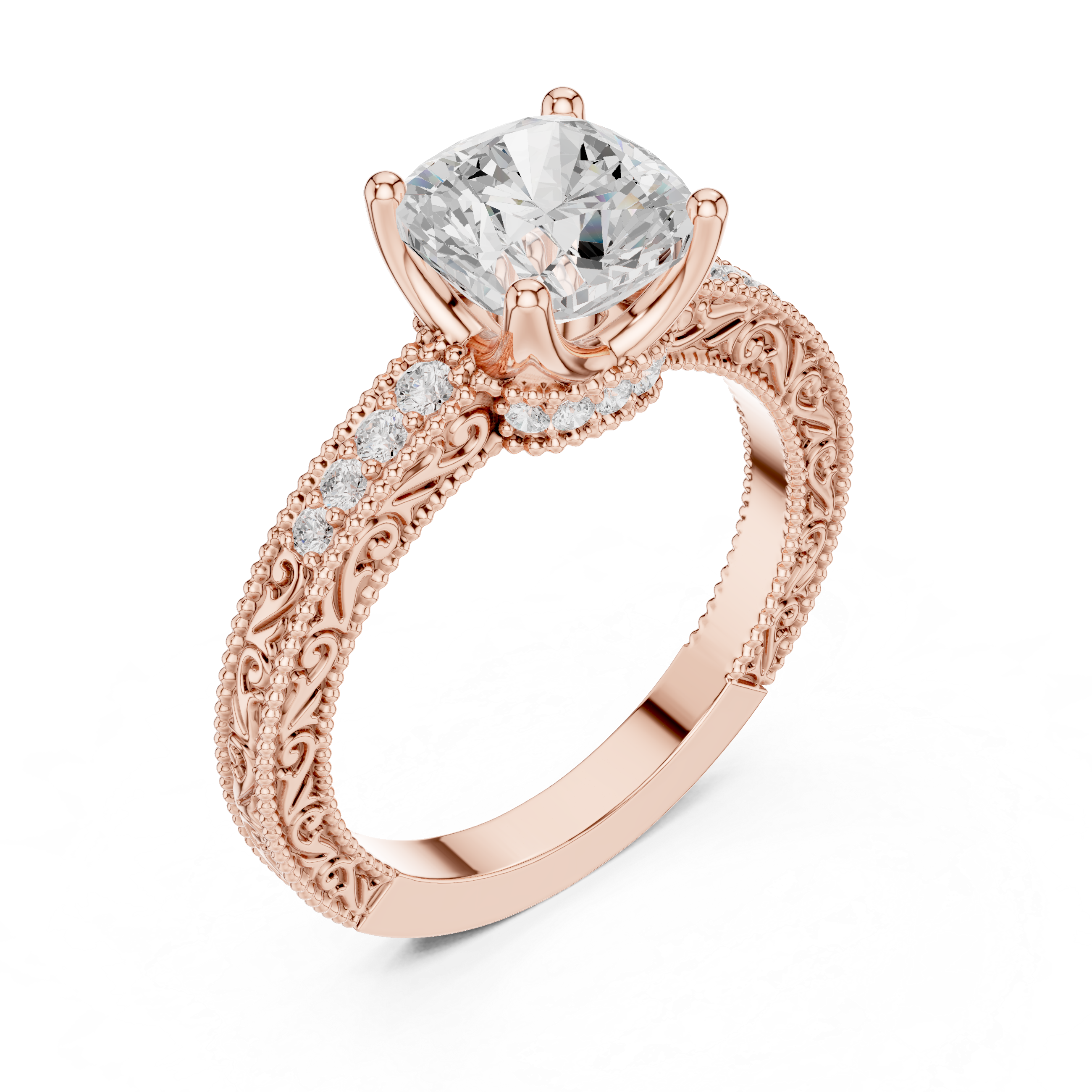 Vintage Cushion Cut Halo Diamond Engagement Ring with Double Pavé Band