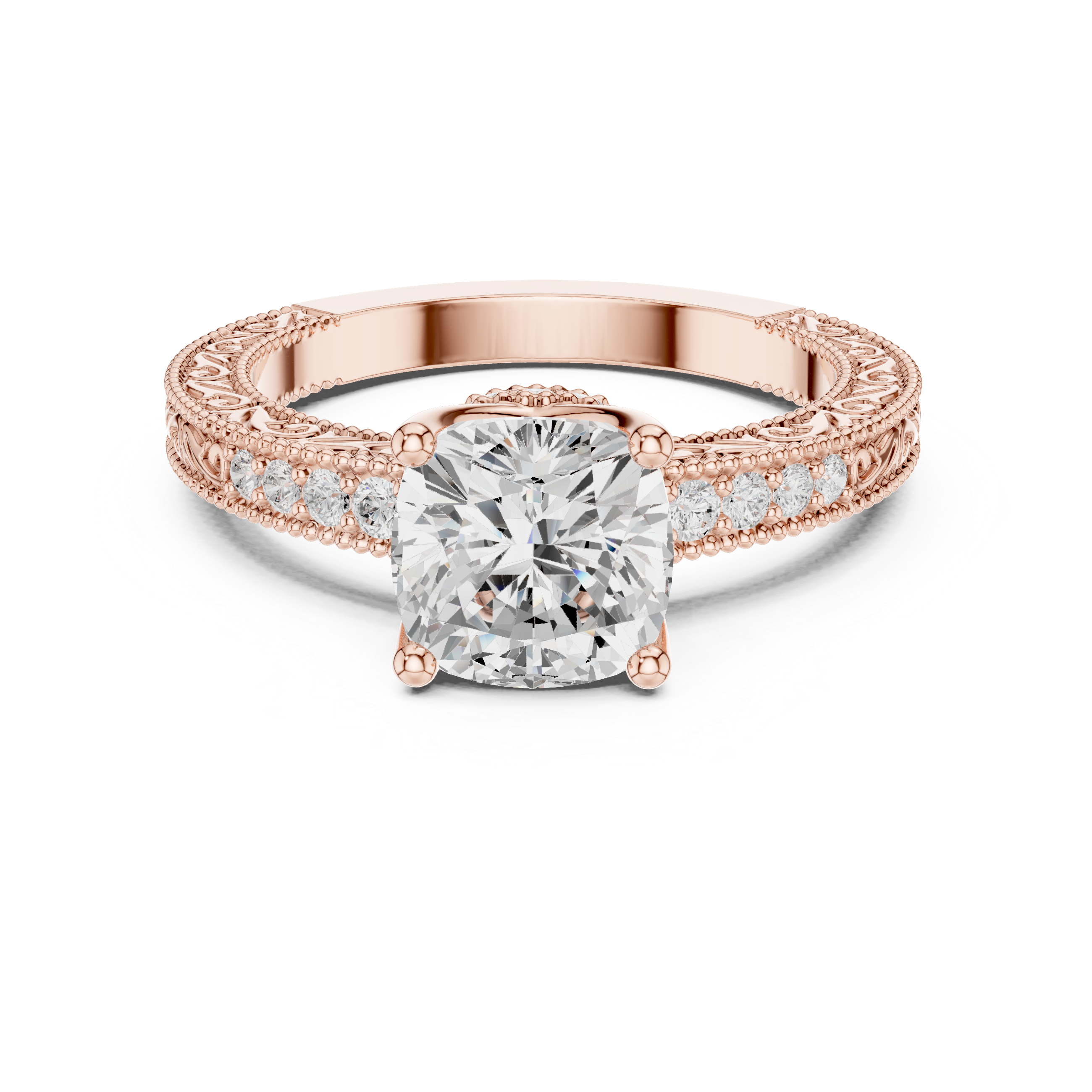 Vintage Cushion Cut Halo Diamond Engagement Ring with Double Pavé Band