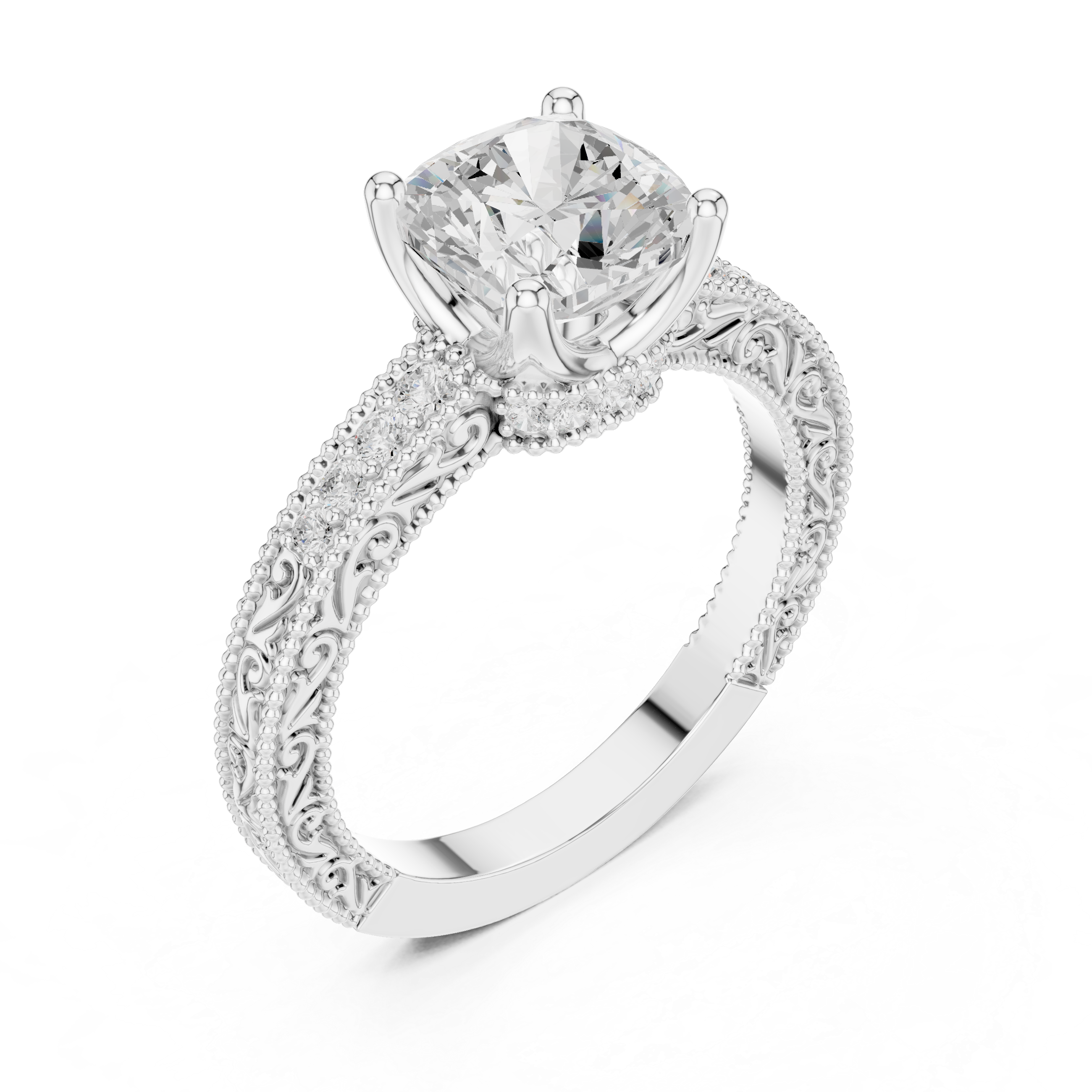 Vintage Cushion Cut Halo Diamond Engagement Ring with Double Pavé Band