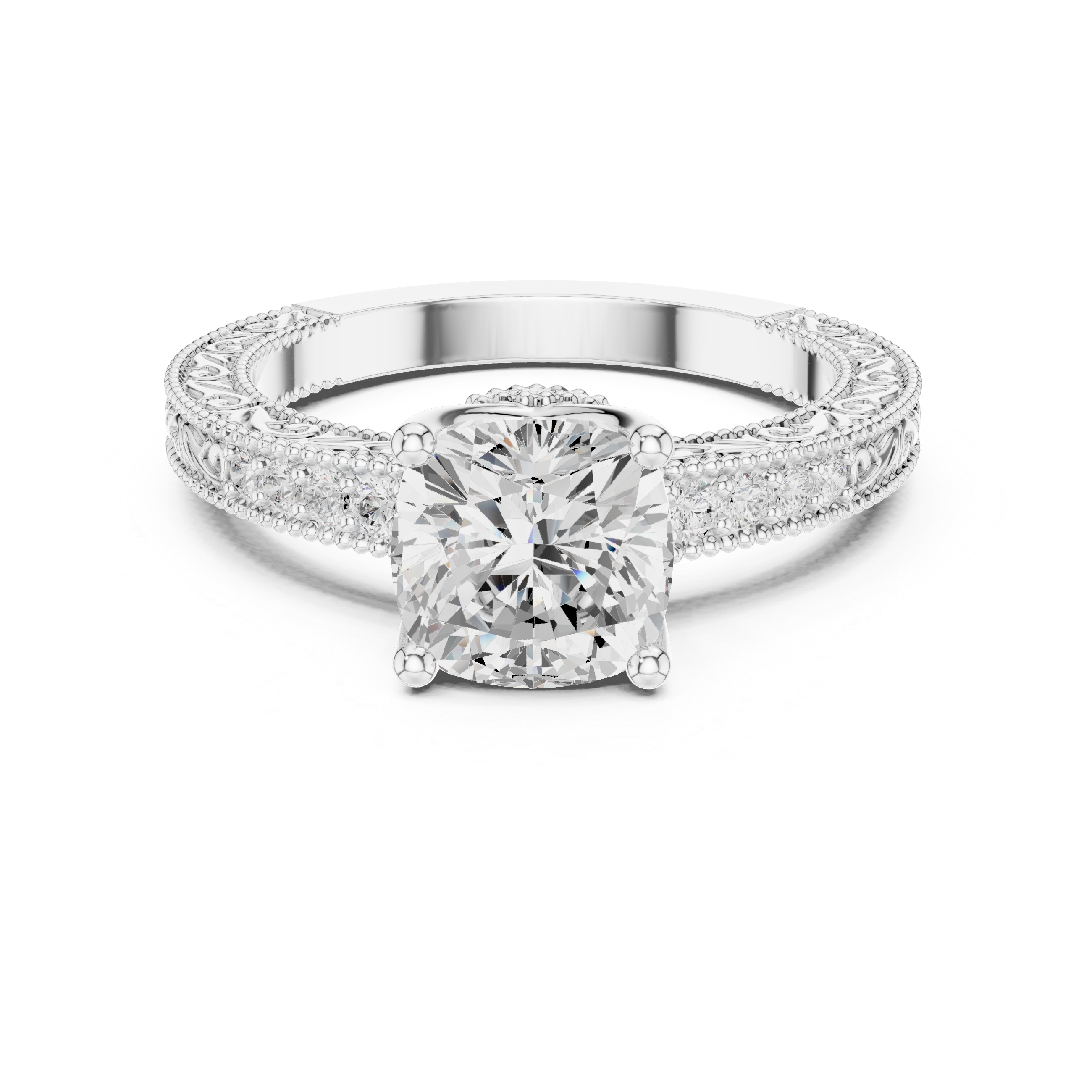 Vintage Cushion Cut Halo Diamond Engagement Ring with Double Pavé Band