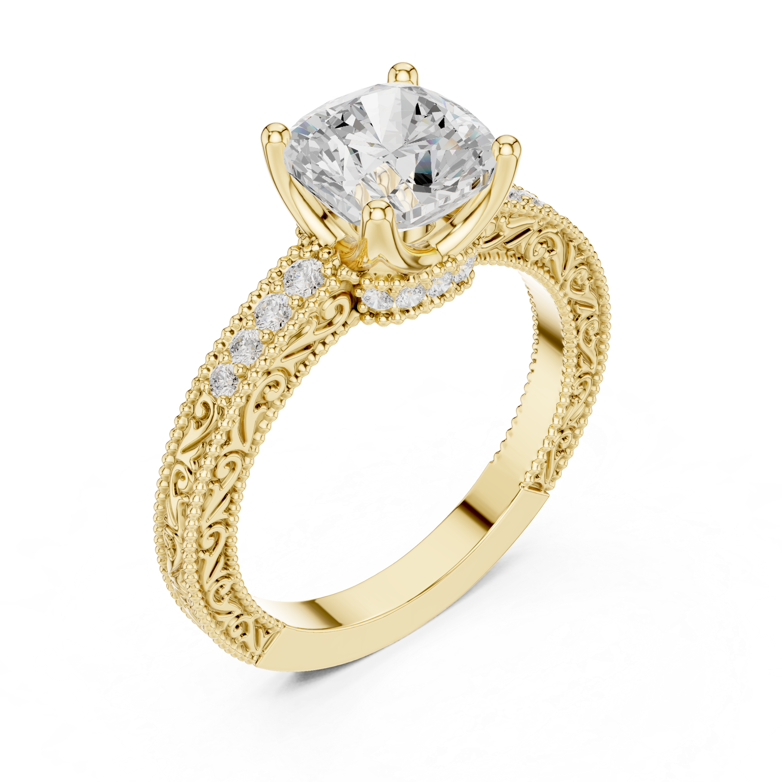 Vintage Cushion Cut Halo Diamond Engagement Ring with Double Pavé Band