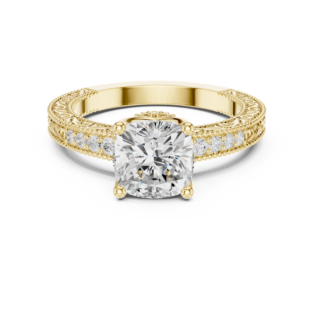 Vintage Cushion Cut Halo Diamond Engagement Ring with Double Pavé Band