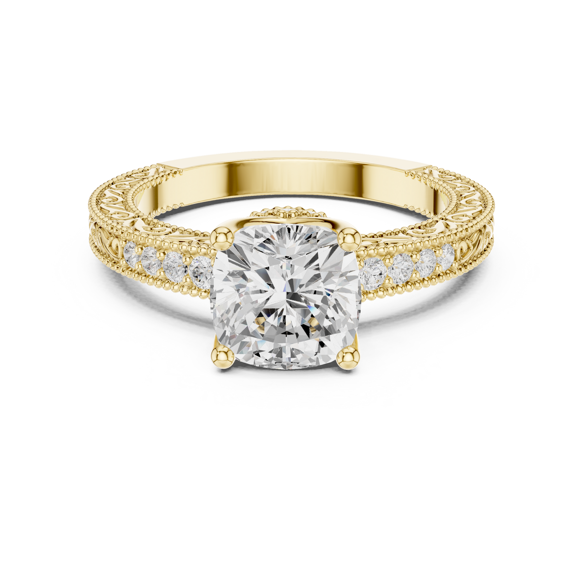 Vintage Cushion Cut Halo Diamond Engagement Ring with Double Pavé – view 9 of 12, lab grown diamond band | Jewelix Atelier