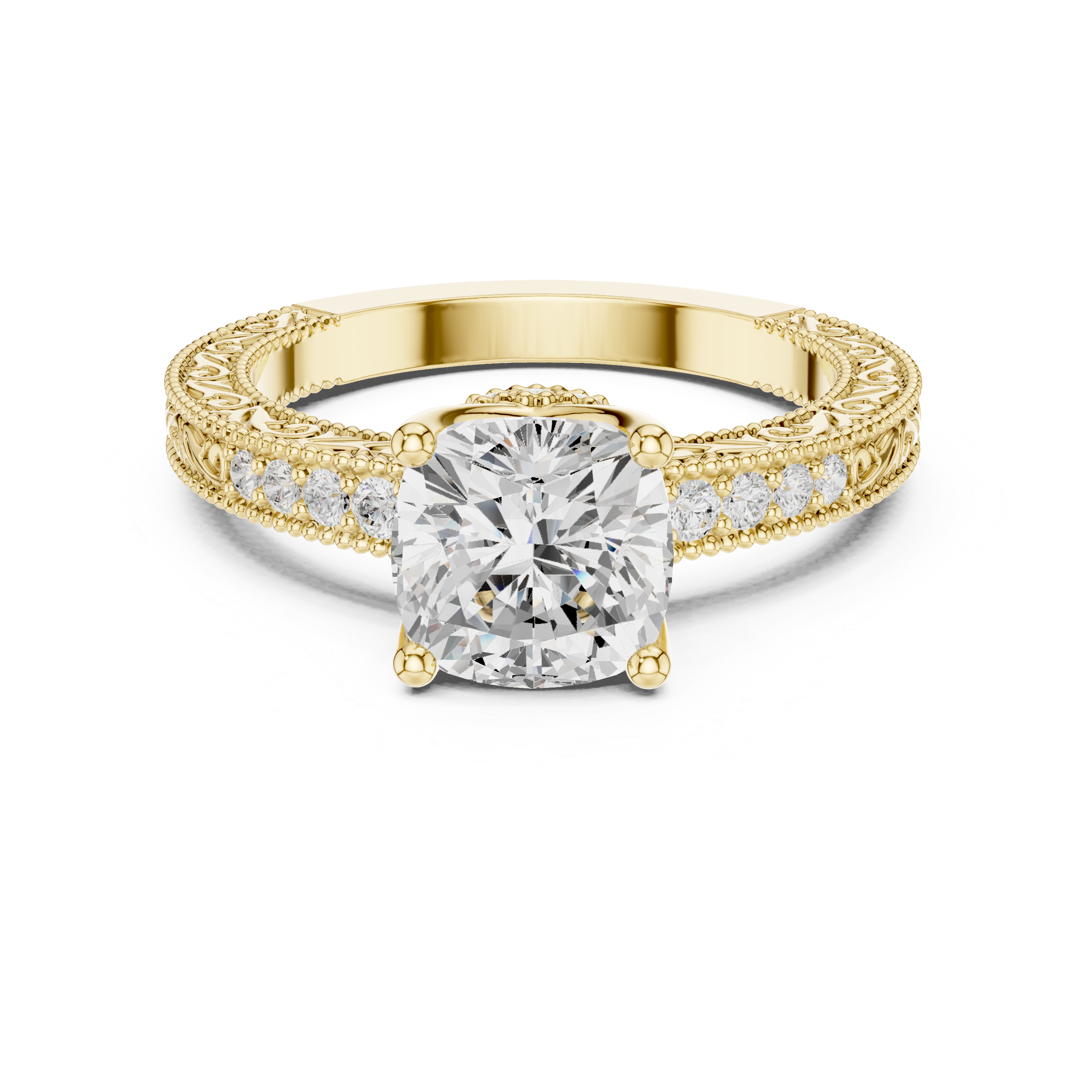 Vintage Cushion Cut Halo Diamond Engagement Ring with Double Pavé Band