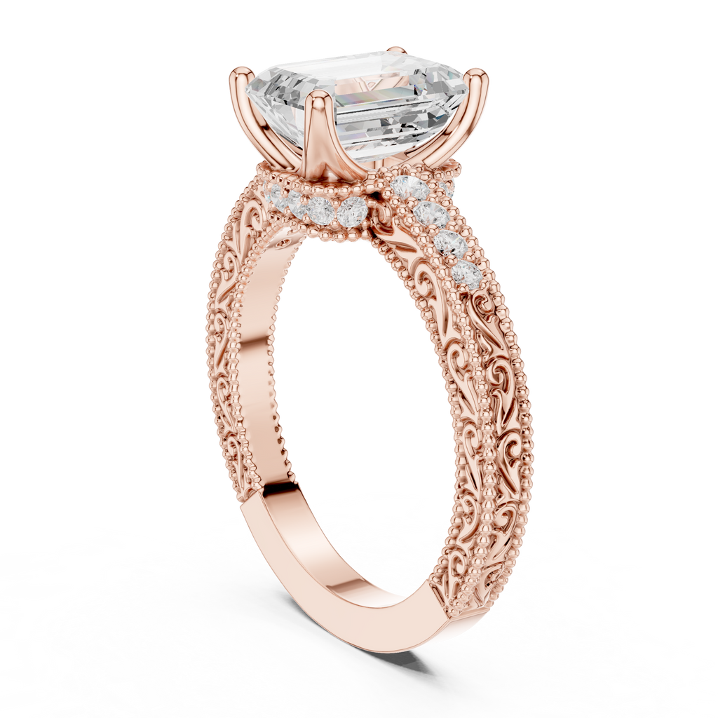 Emerald Cut Diamond Halo Engagement Ring with Double Pavé Band