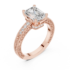 Emerald Cut Diamond Halo Engagement Ring with Double Pavé Band