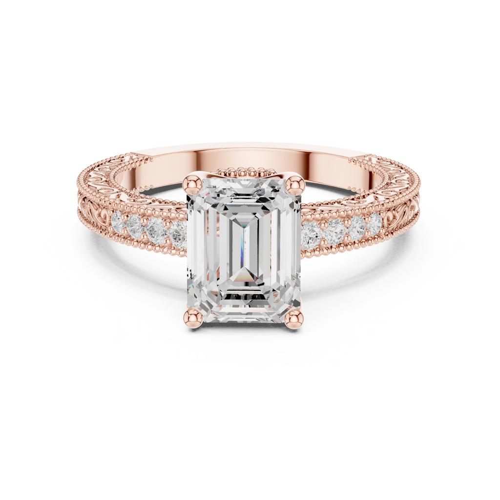 Emerald Cut Diamond Halo Engagement Ring with Double Pavé Band