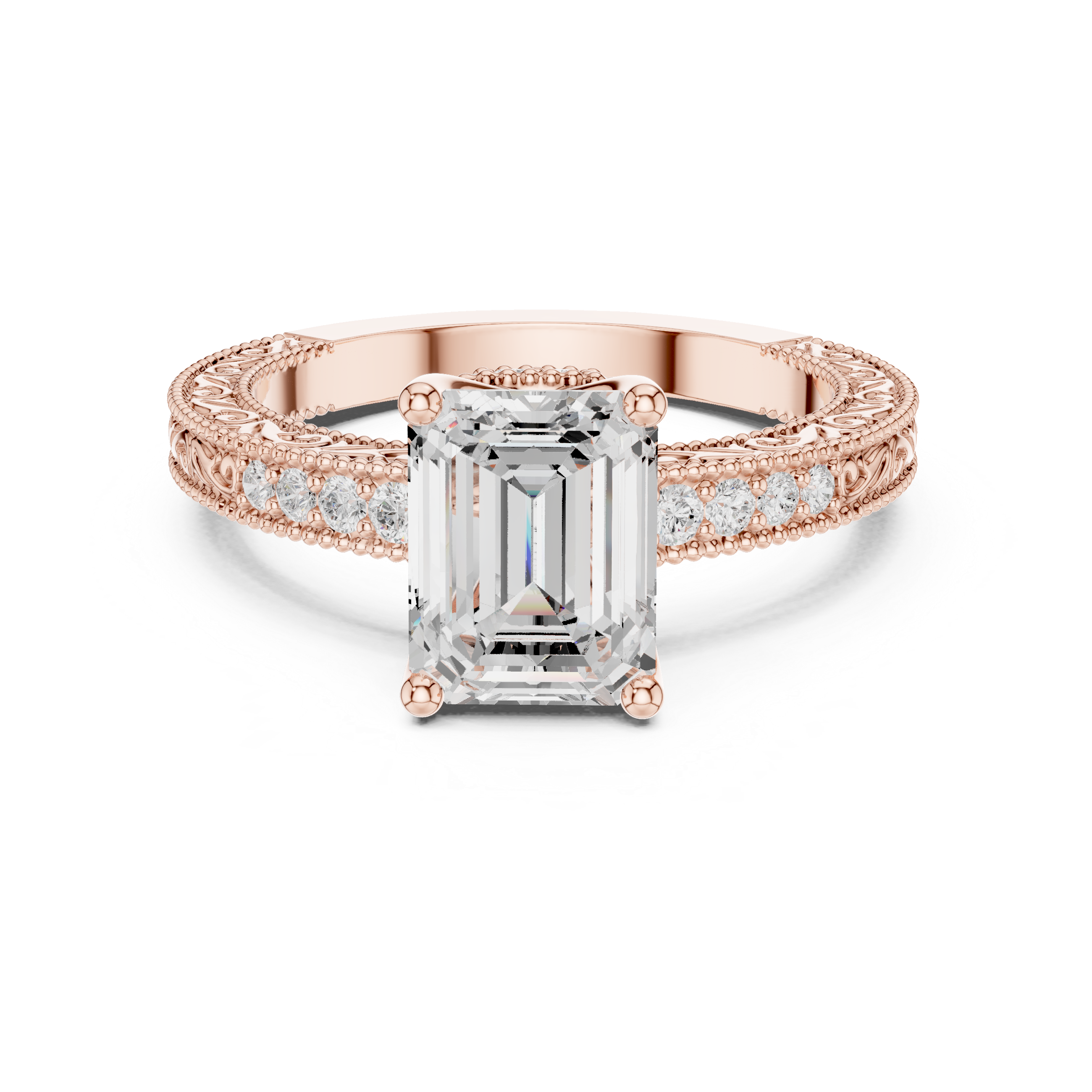 Emerald Cut Diamond Halo Engagement Ring with Double Pavé Band