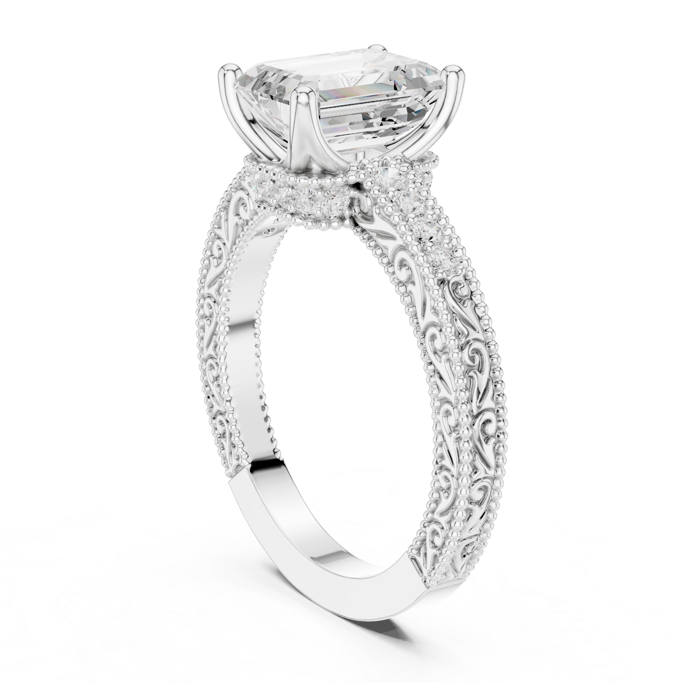 Emerald Cut Diamond Halo Engagement Ring with Double Pavé Band