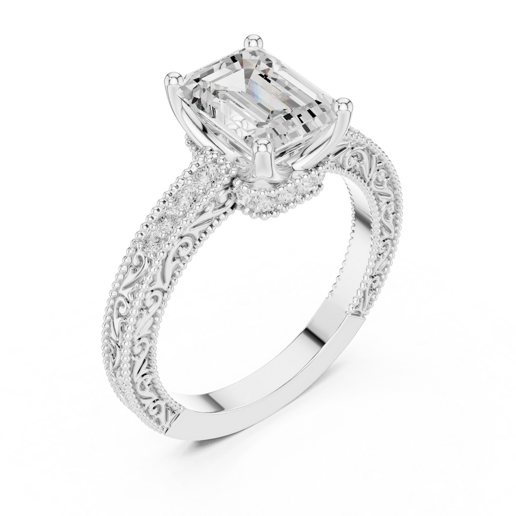 Emerald Cut Diamond Halo Engagement Ring with Double Pavé Band