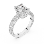 Emerald Cut Diamond Halo Engagement Ring with Double Pavé Band