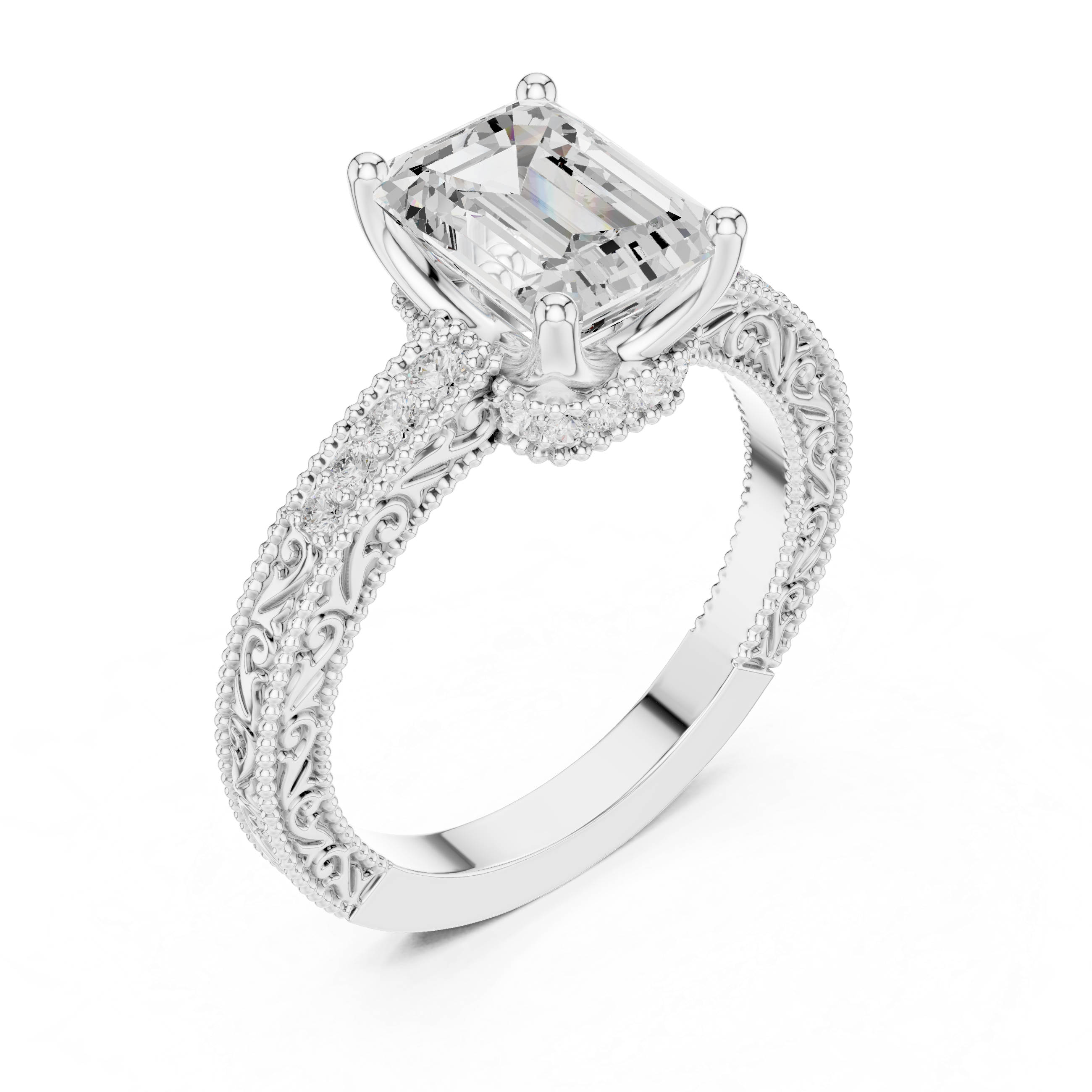 Emerald Cut Diamond Halo Engagement Ring with Double Pavé Band