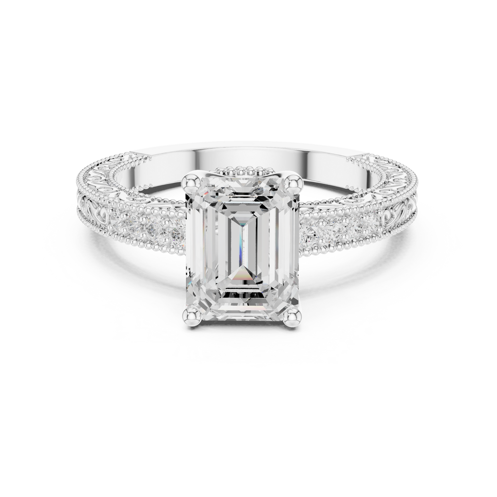 Emerald Cut Diamond Halo Engagement Ring with Double Pavé Band