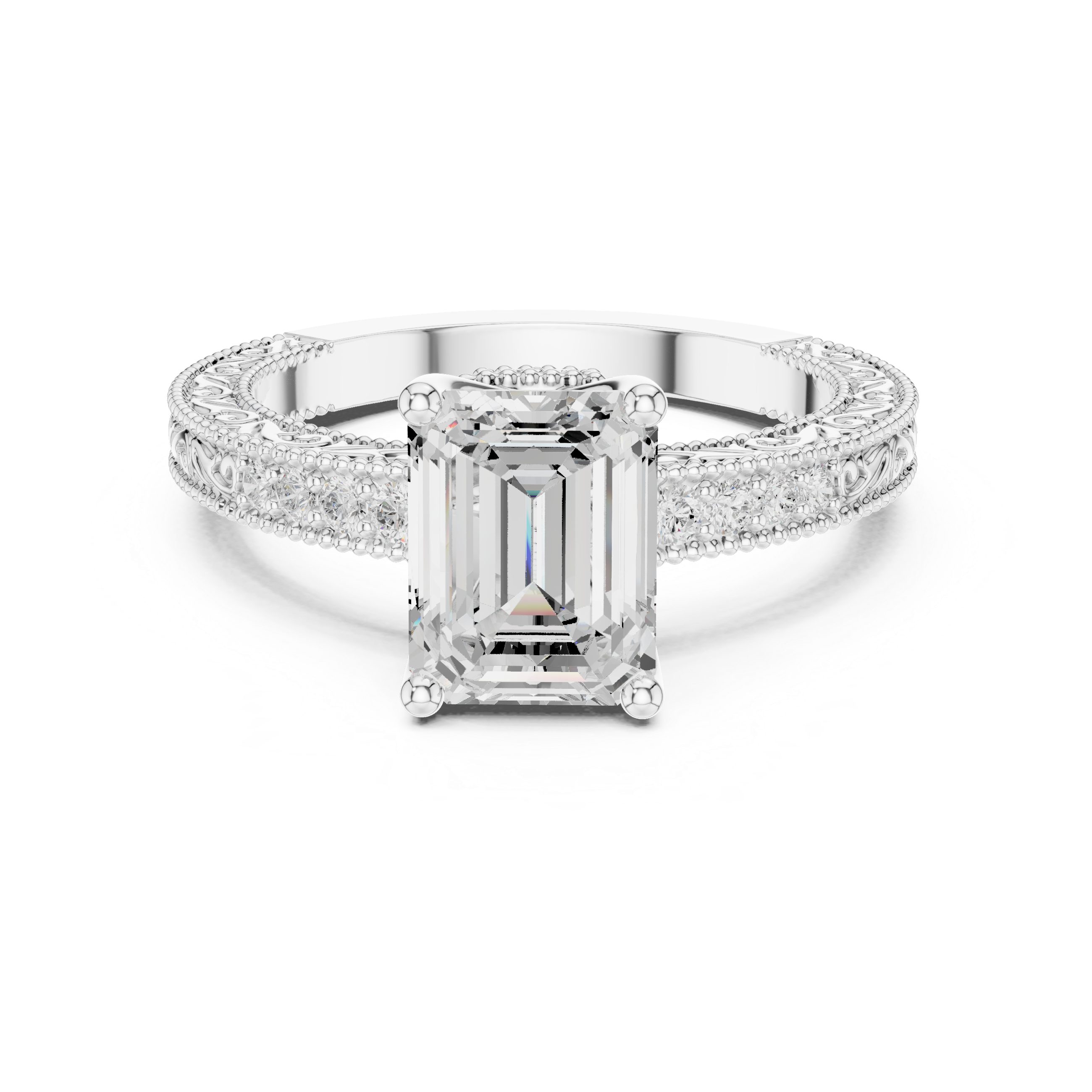 Emerald Cut Diamond Halo Engagement Ring with Double Pavé Band
