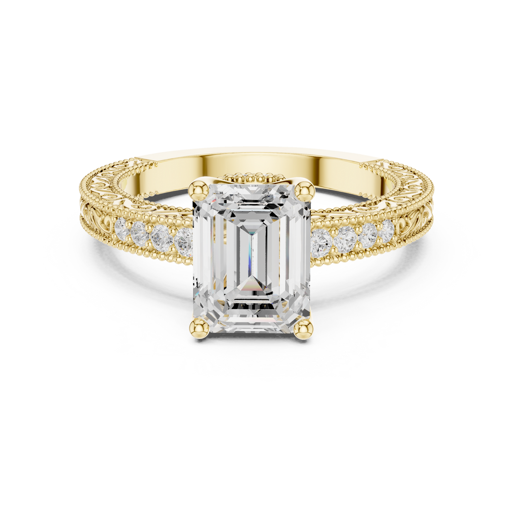 Emerald Cut Diamond Halo Engagement Ring with Double Pavé Band
