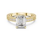 Emerald Cut Diamond Halo Engagement Ring with Double Pavé Band