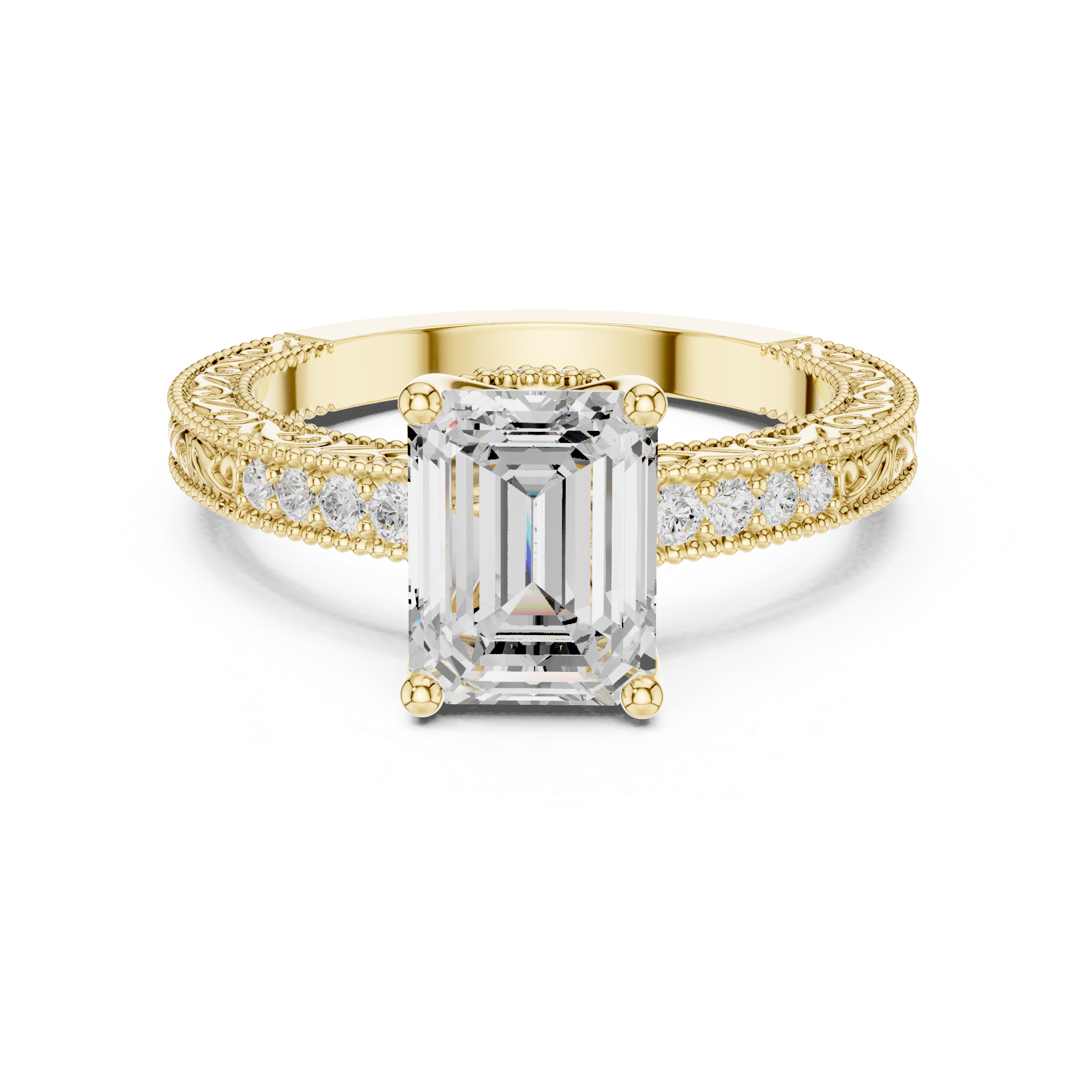 Emerald Cut Diamond Halo Engagement Ring with Double Pavé Band