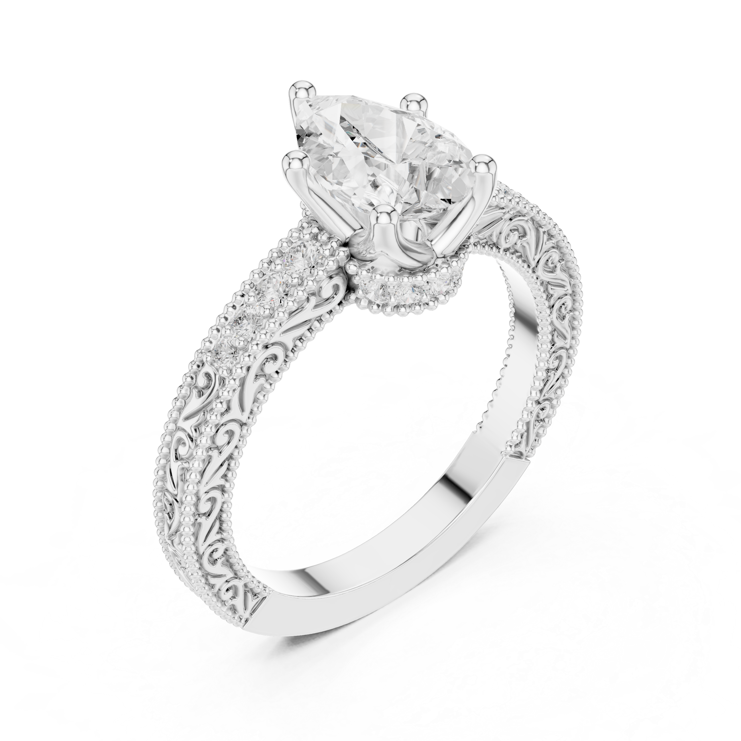 Pear Cut Diamond Halo Engagement Ring with Double Pavé Band