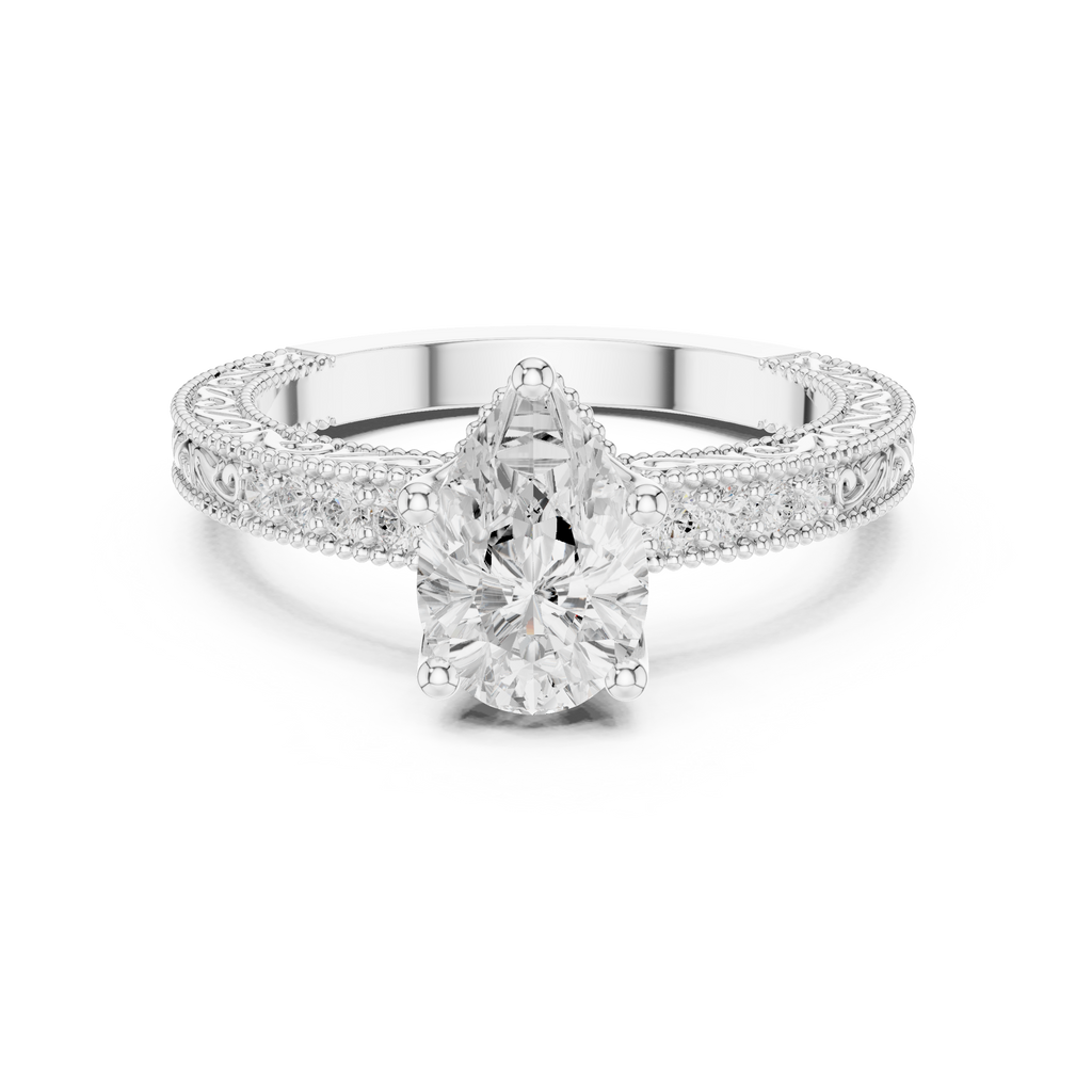 Pear Cut Diamond Halo Engagement Ring with Double Pavé Band